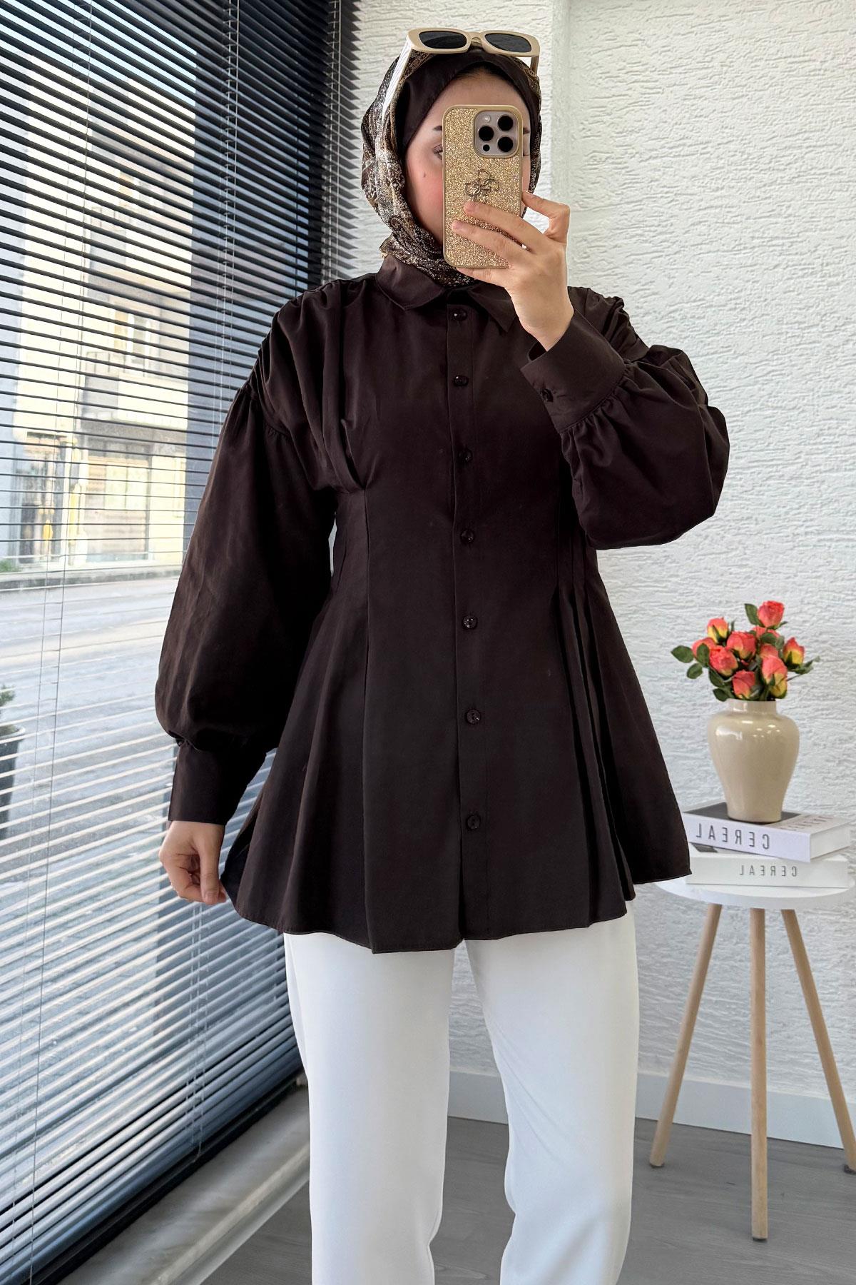 Premium Önü ve Arkası Pens Detaylı Poplin Gömlek Tunik — Kahverengi