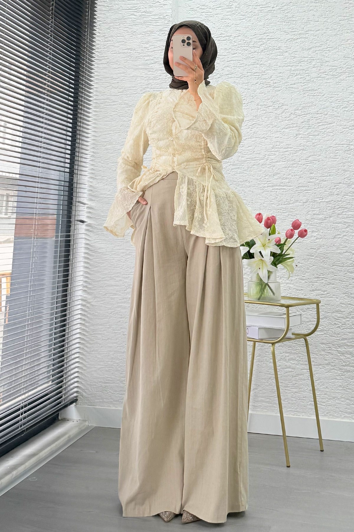 Premium Örgü Kemerli Palazzo Keten Pantolon - Vizon