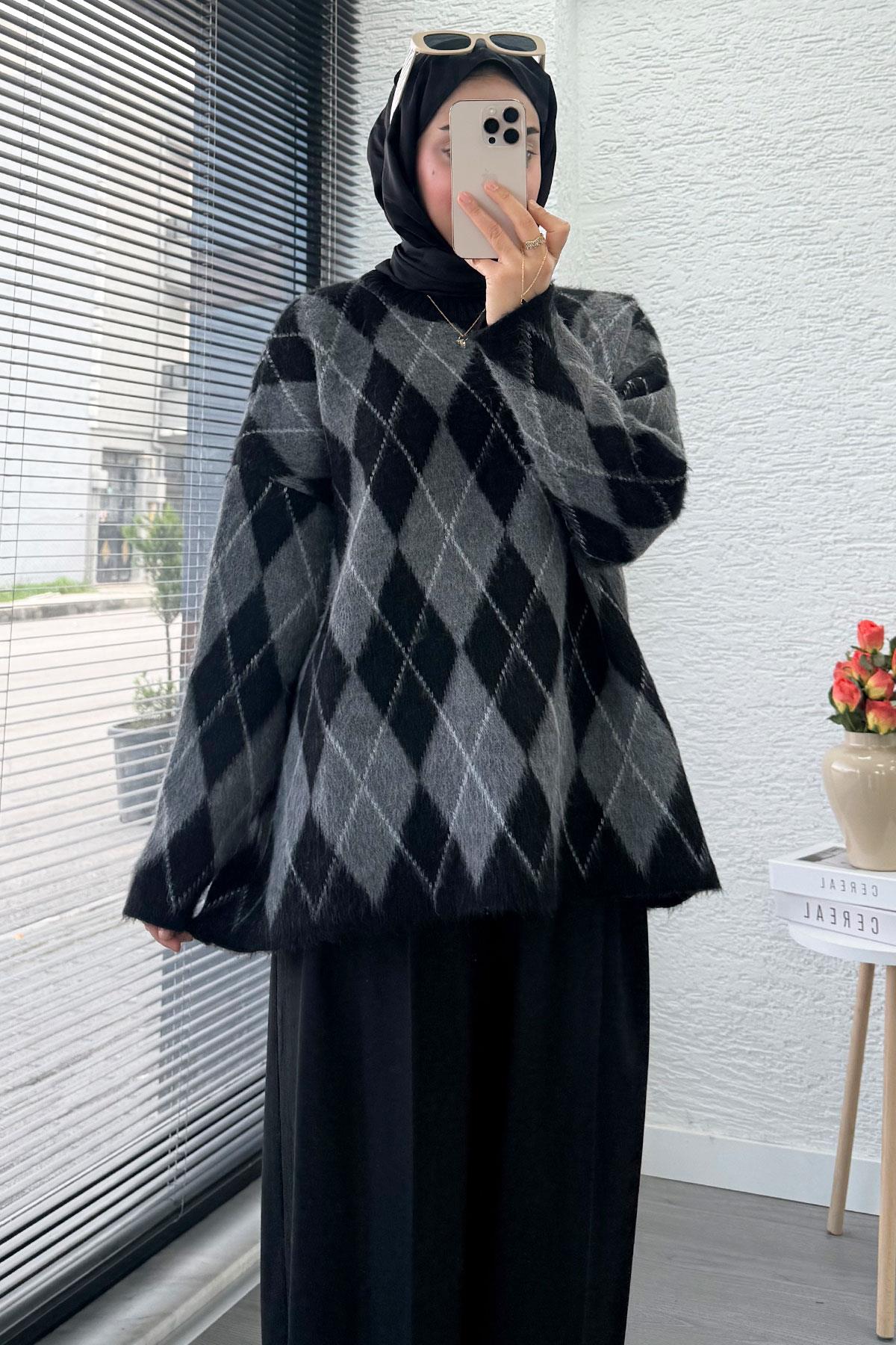 Premium Oversize Baklava Desen Kadın Triko Kazak – Siyah