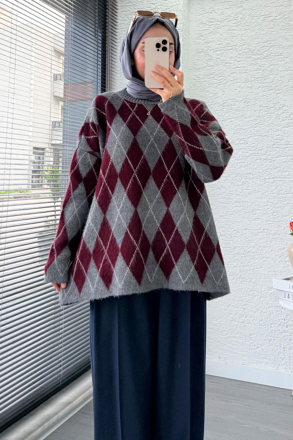 Premium Oversize Baklava Desen Kadın Triko Kazak – Bordo