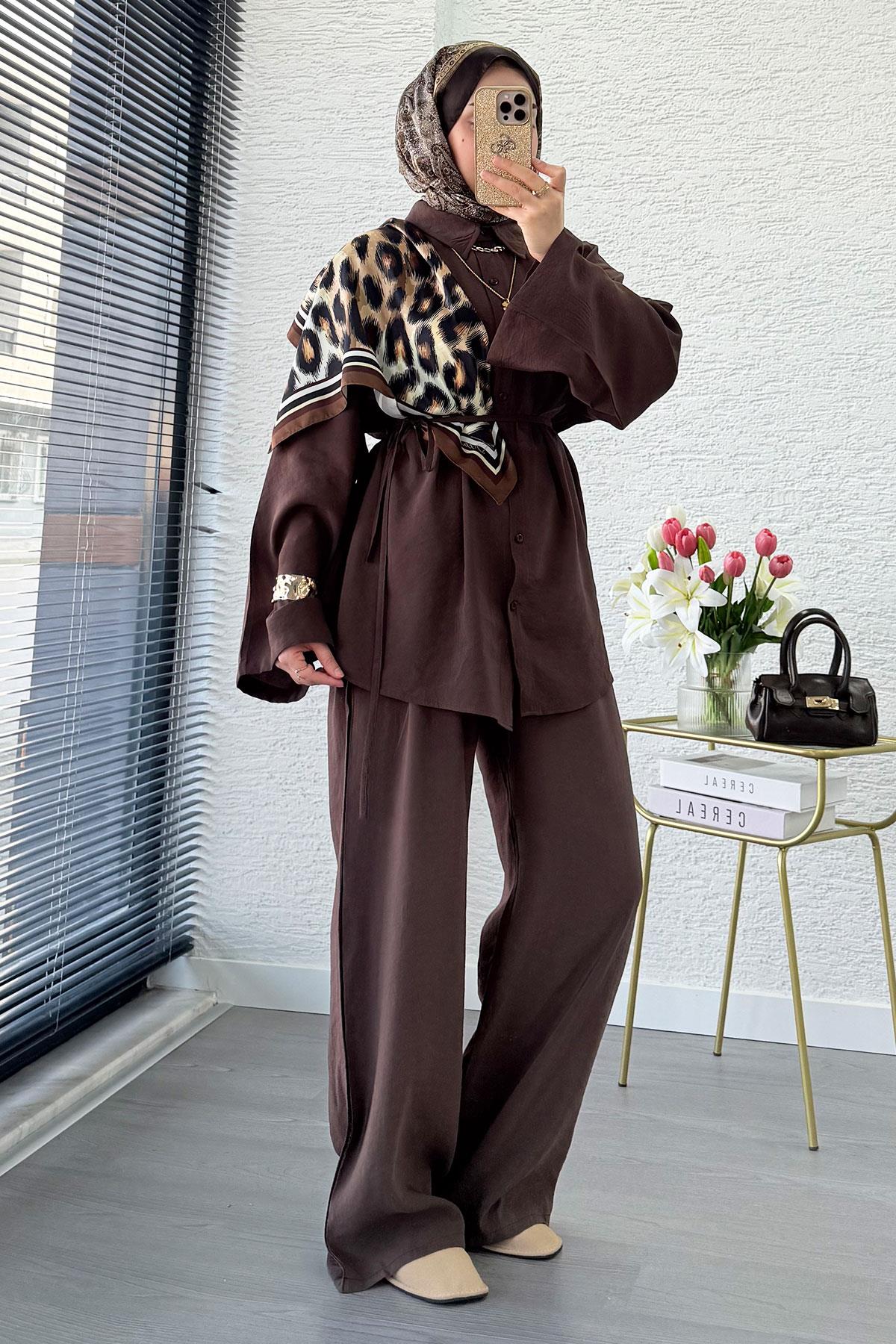 Premium Oversize Basic Modal Kadın İkili Takım - Kahverengi