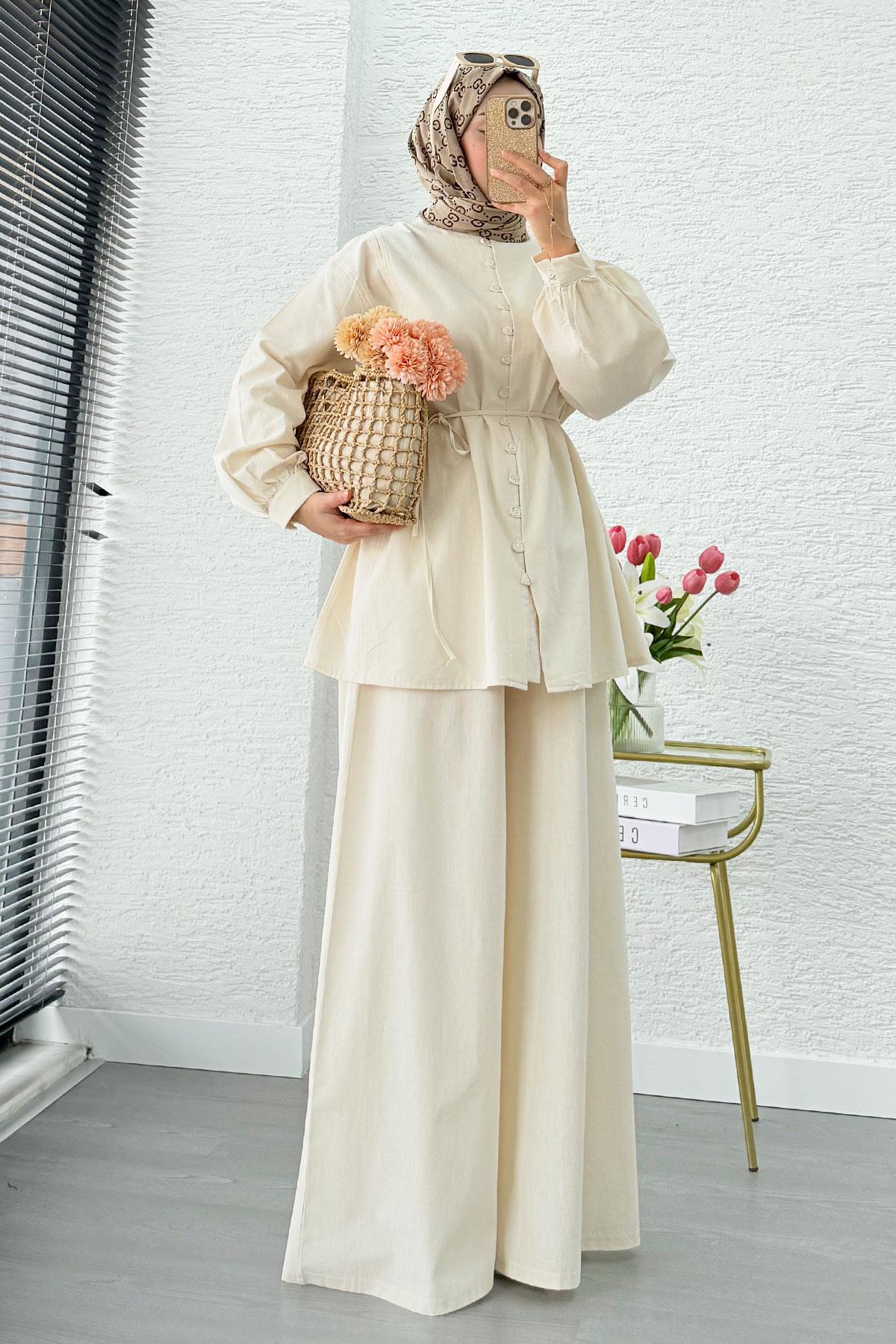Premium Oversize Birit Düğmeli Keten Takım - Bej