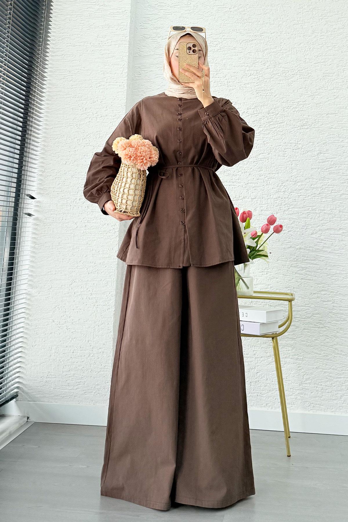 Premium Oversize Birit Düğmeli Keten Takım - Kahverengi