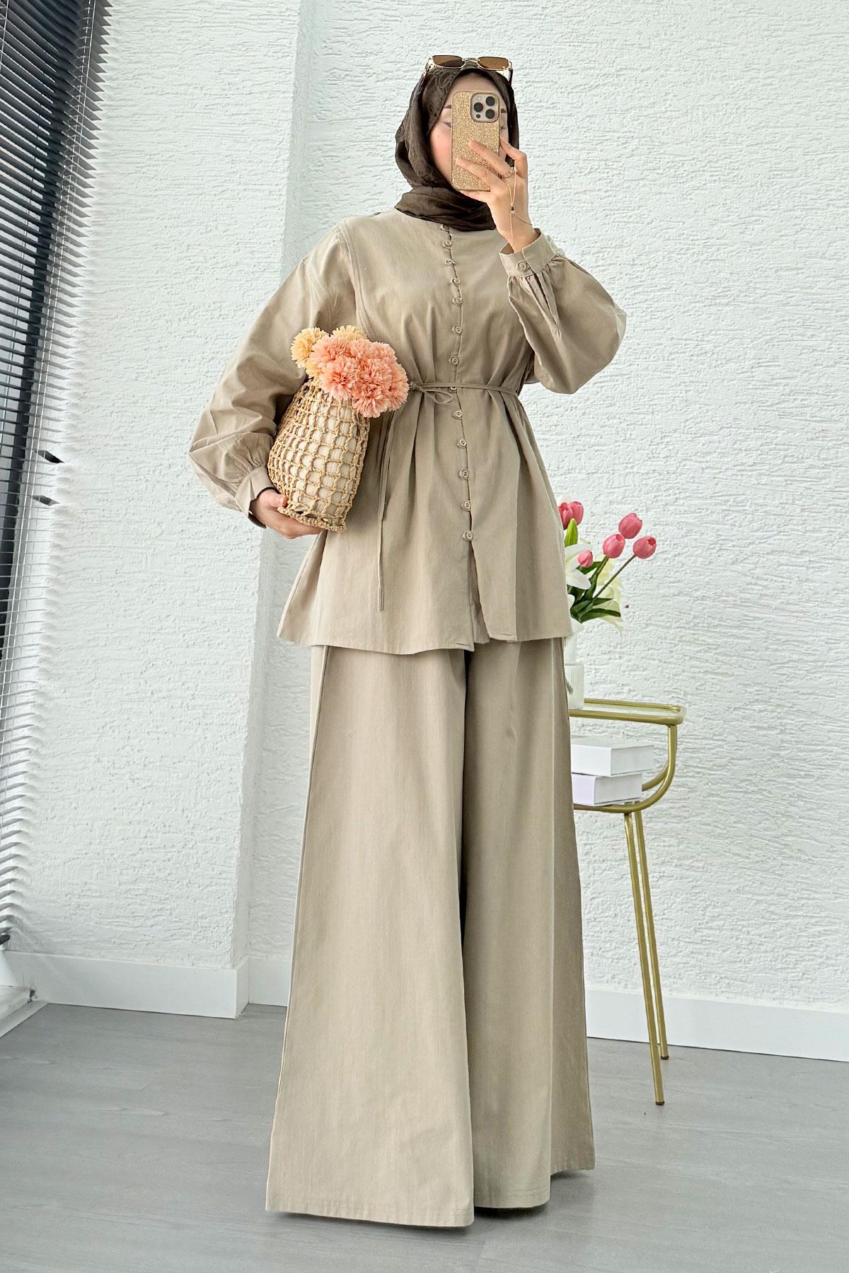 Premium Oversize Birit Düğmeli Keten Takım - Çağla