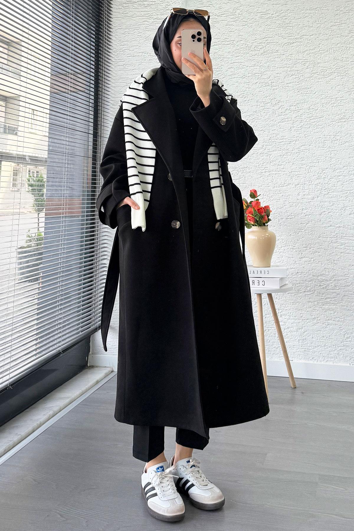 Premium Oversize Dört Düğmeli Kaşe Kaban – Siyah