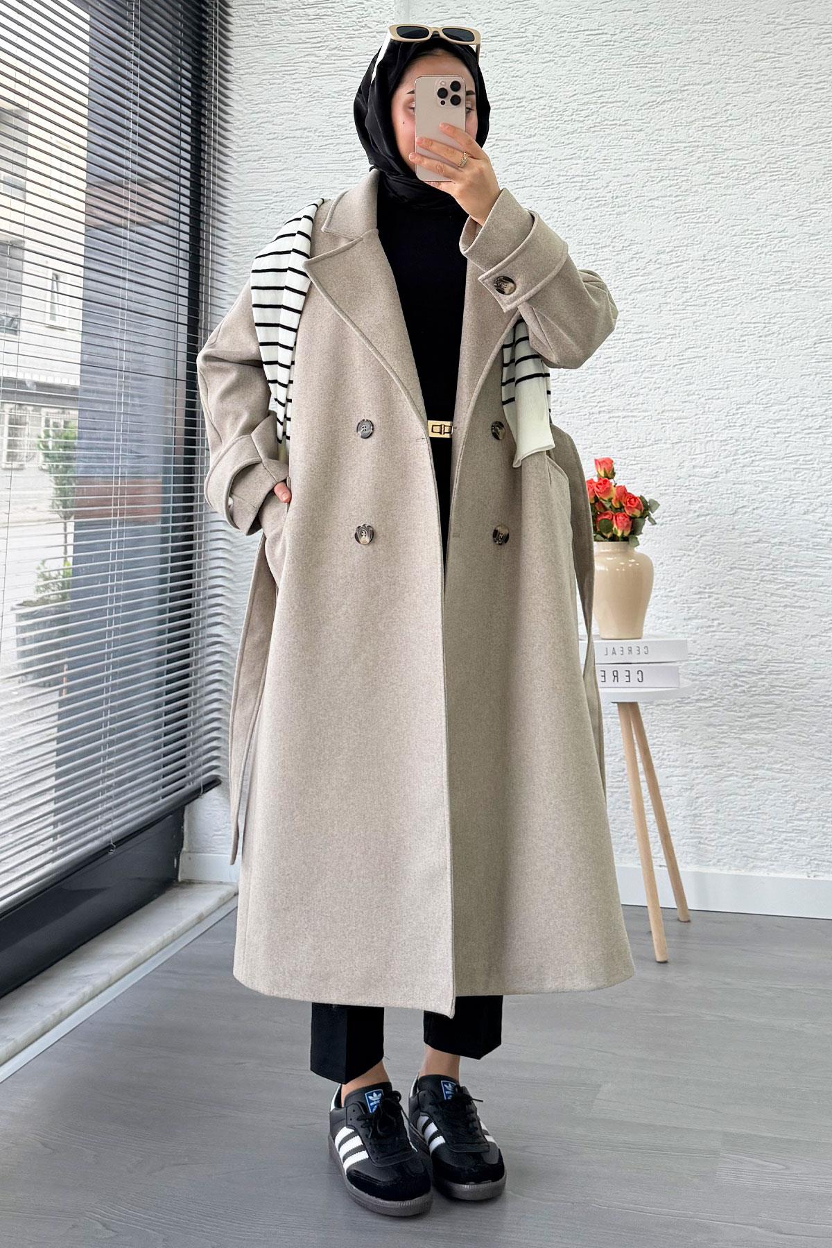 Premium Oversize Dört Düğmeli Kaşe Kaban – Taş