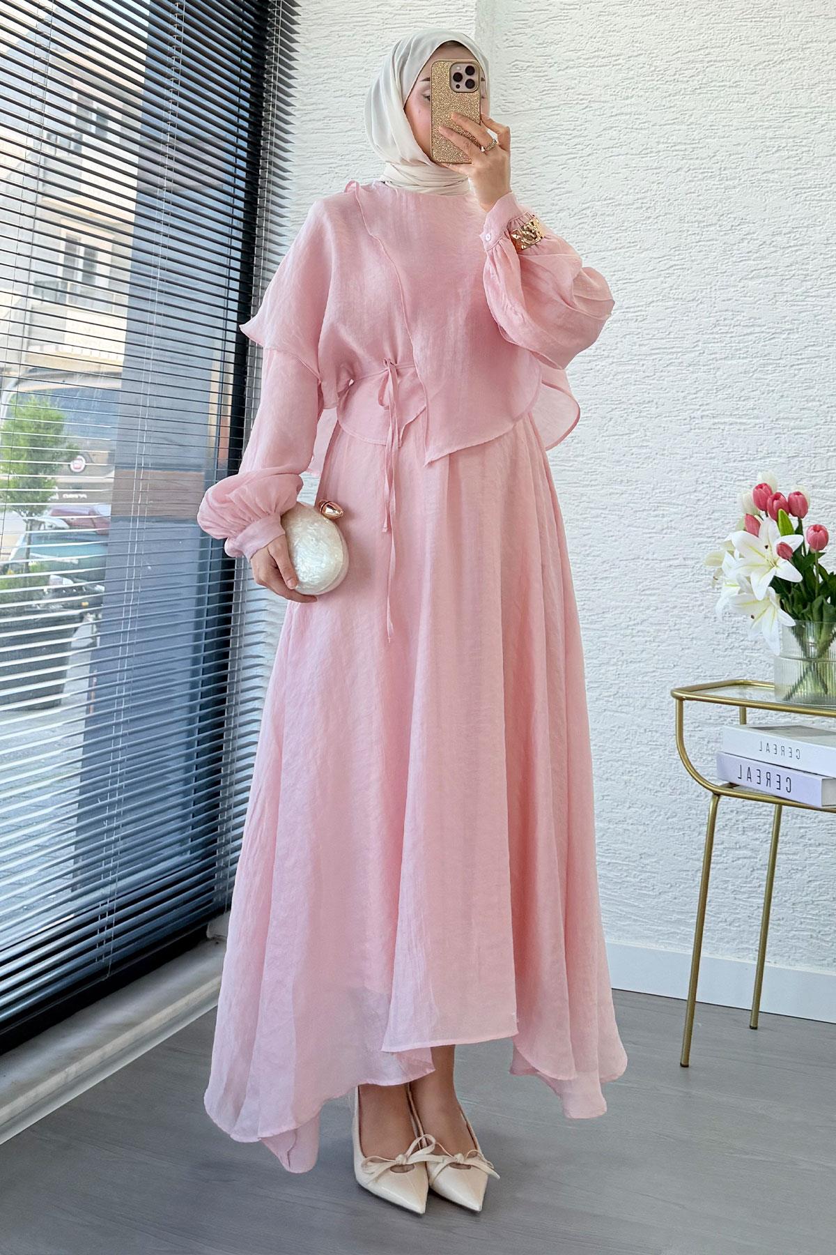 Premium Pelerin Detay Elina Vual Elbise – Pembe