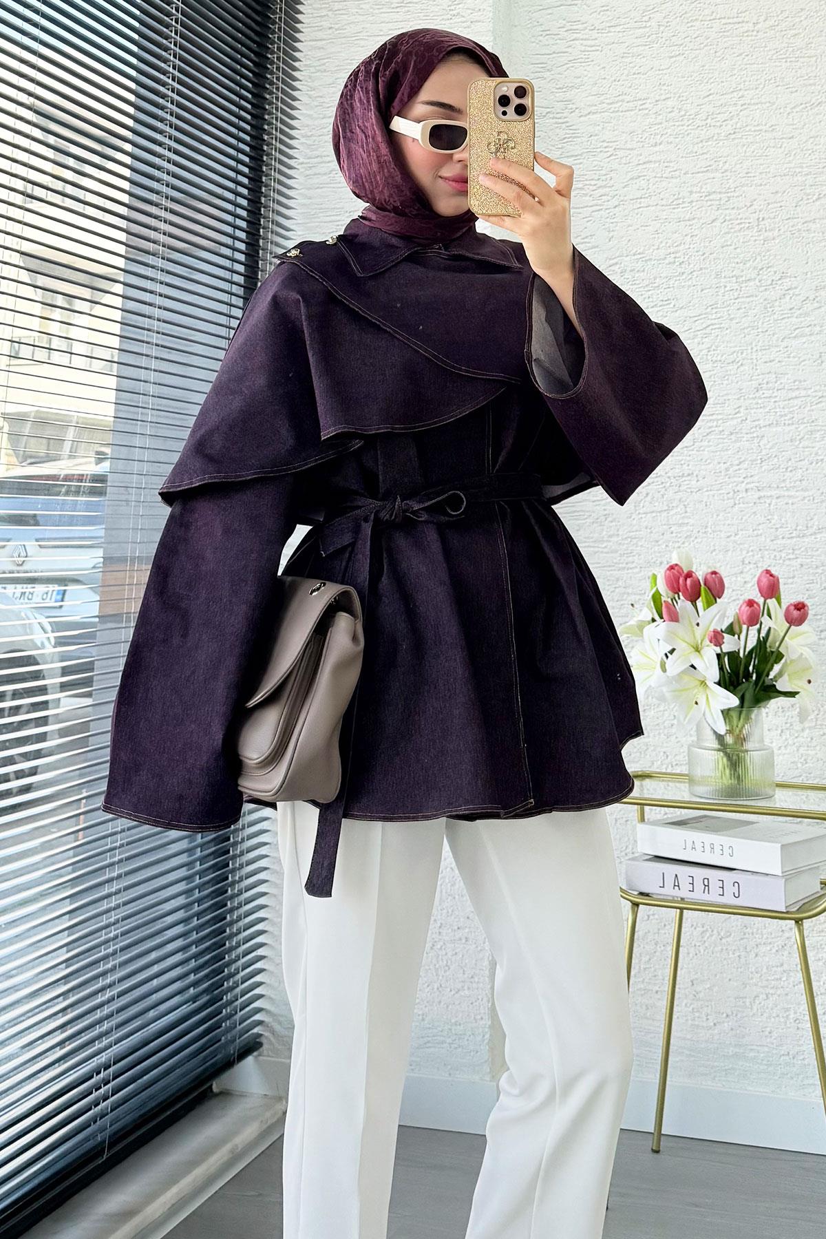 Premium Pelerin Detaylı Denim Panço — Bordo
