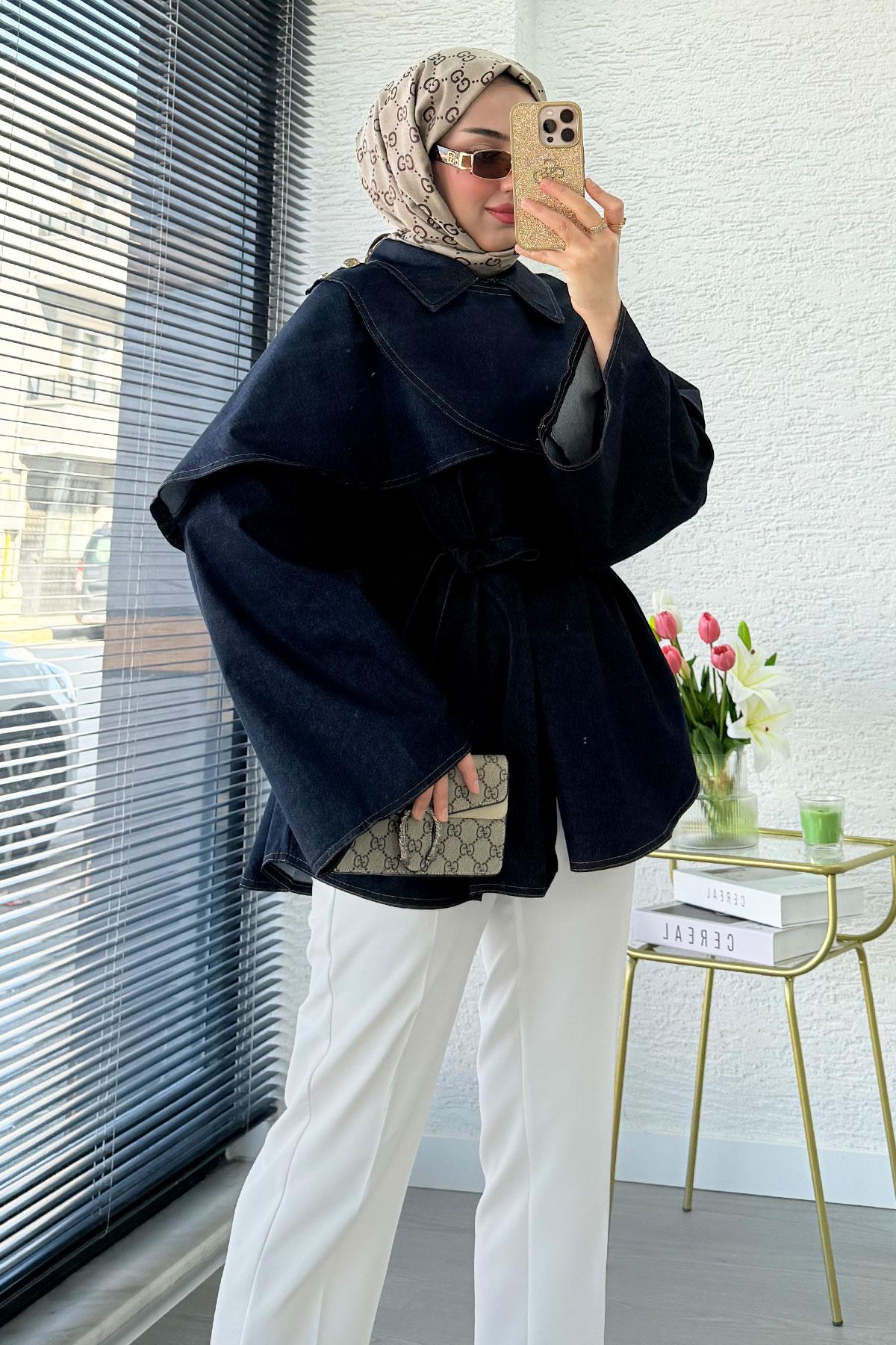 Premium Pelerin Detaylı Denim Panço — Mavi