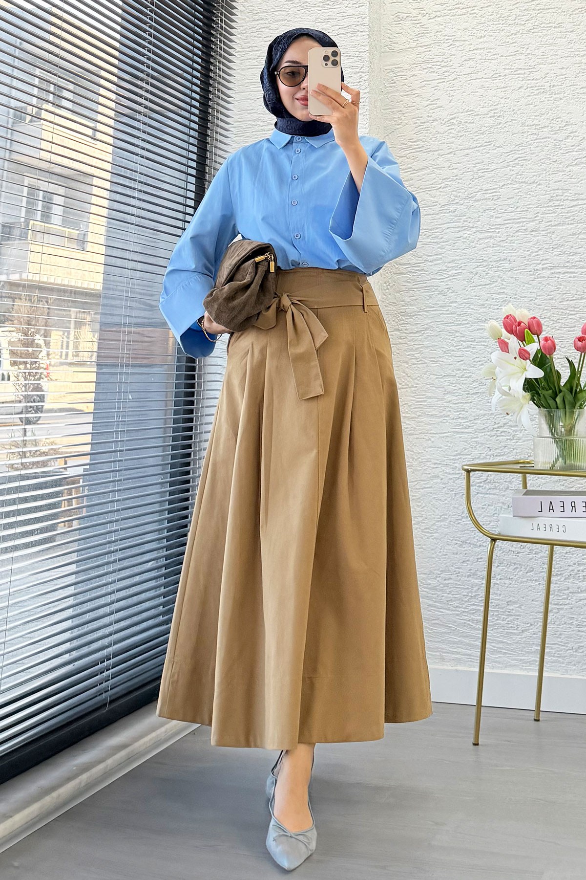 Premıum Pile Detay Kemerli Pamuk Gabardin Midi Etek - Camel