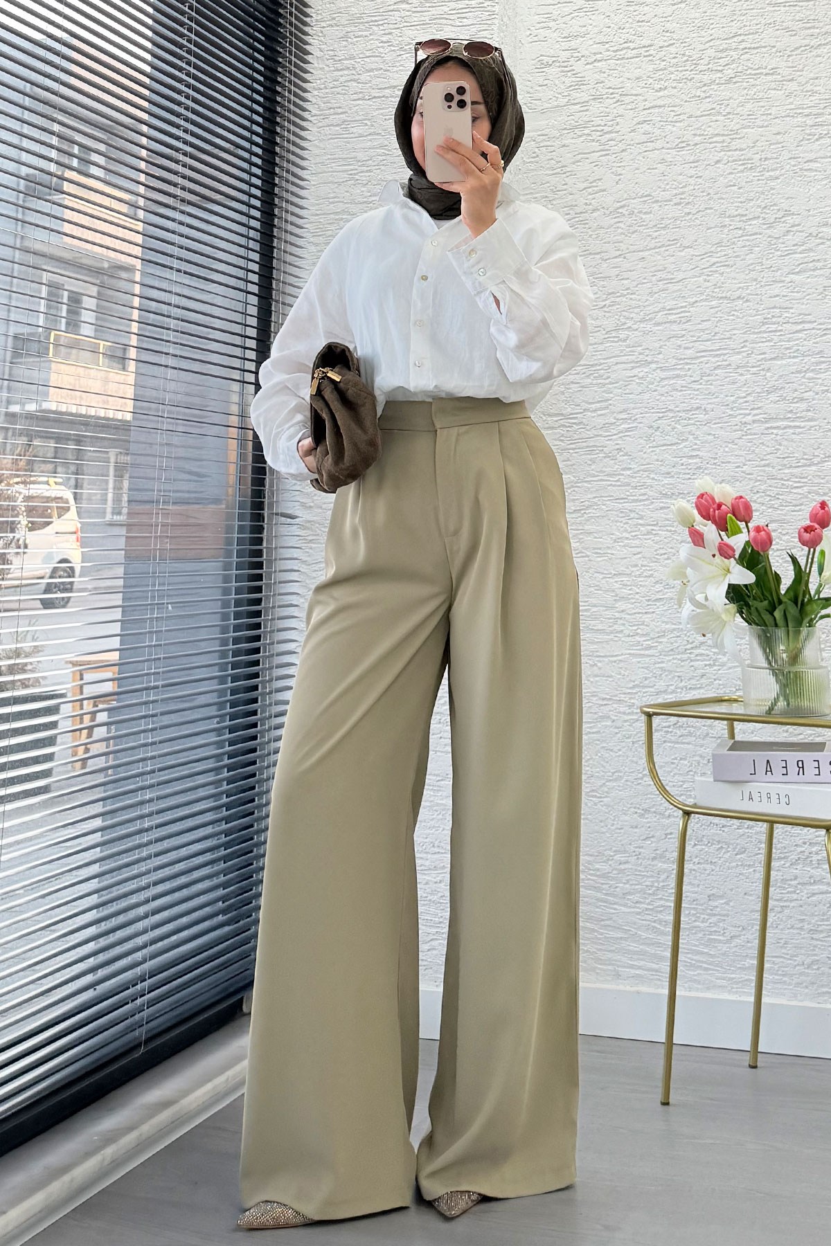 Premium Pileli Kapaklı Detay Twill Palazzo Pantolon - ÇağLa Yeşili