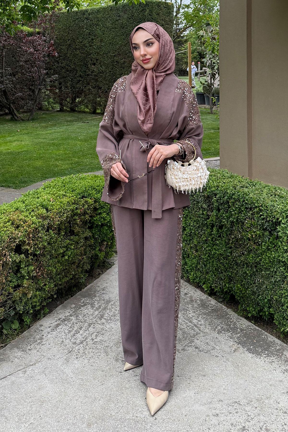 Premium Pul Detaylı Kimono İkili Takım – Kahverengi