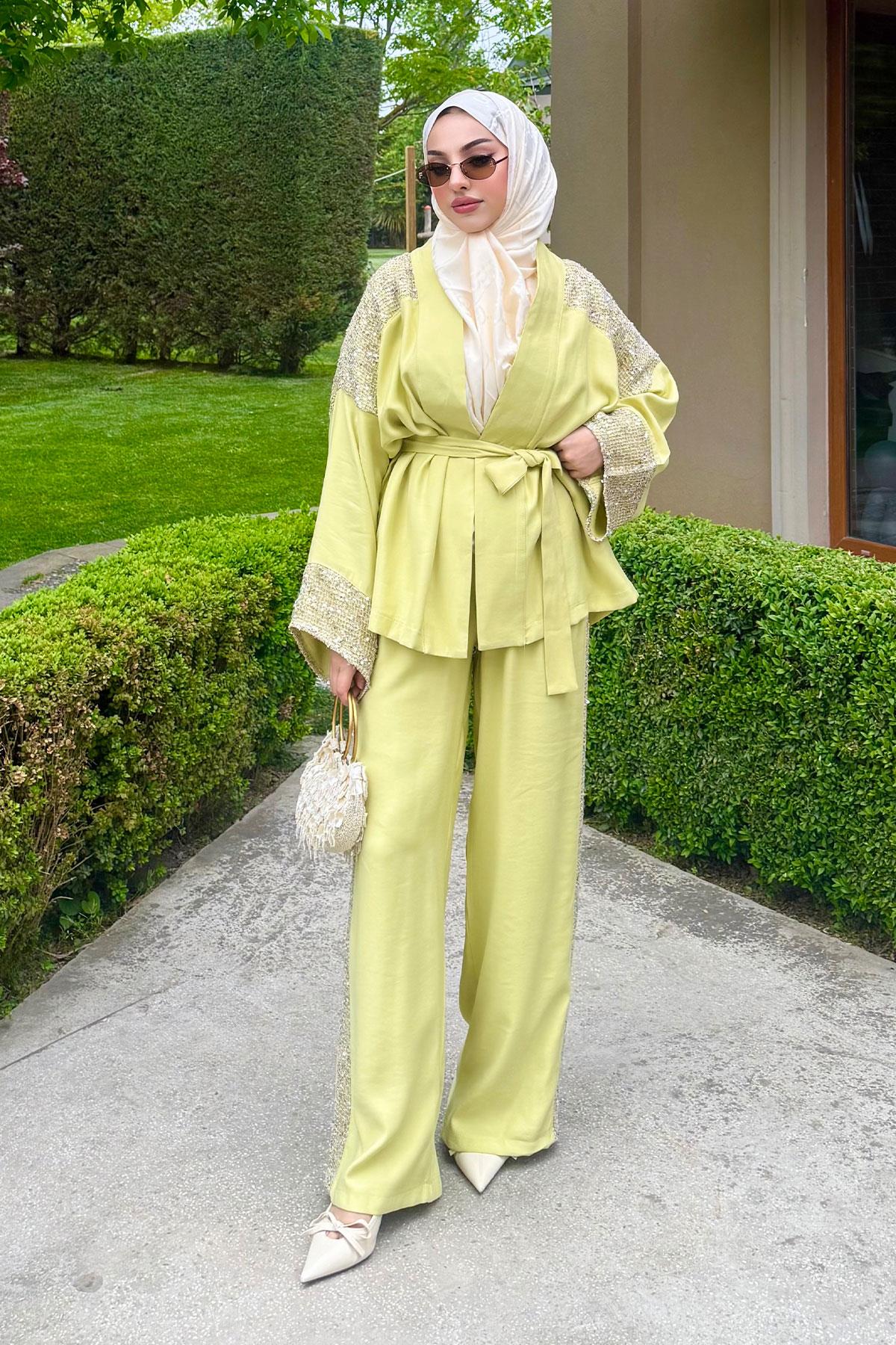 Premium Pul Detaylı Kimono İkili Takım – Olive