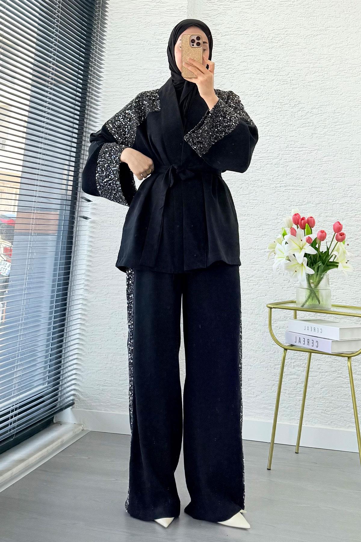 Premium Pul Detaylı Kimono İkili Takım – Siyah
