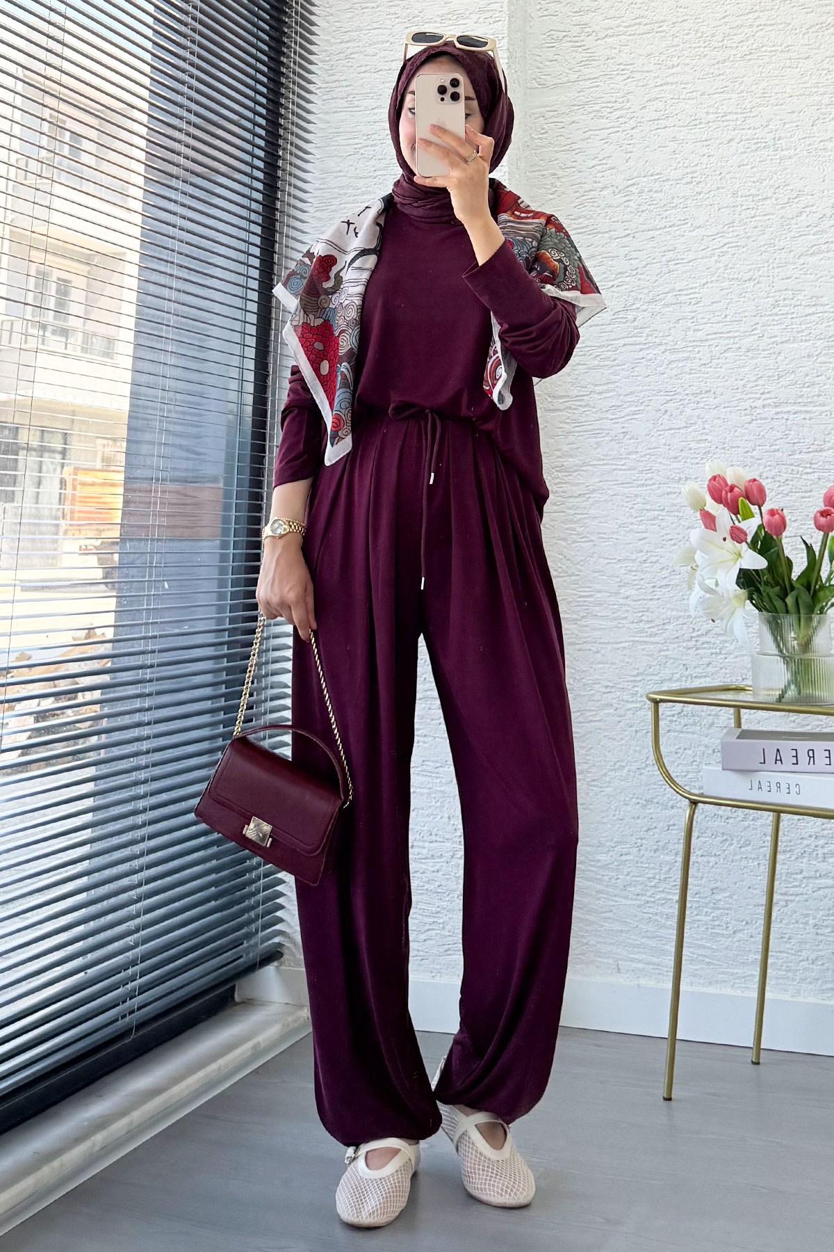 Premium Şalvar Kesim Double Face Pantolon Takım - Mürdüm