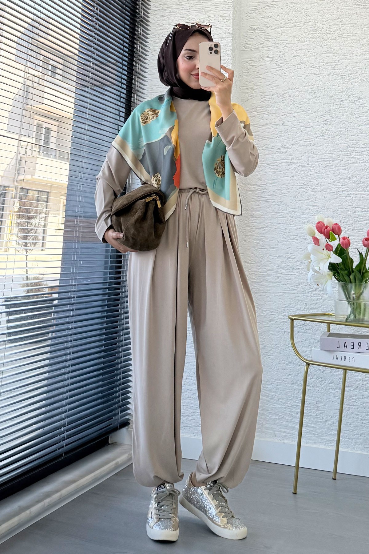 Premium Şalvar Kesim Double Face Pantolon Takım - Taş