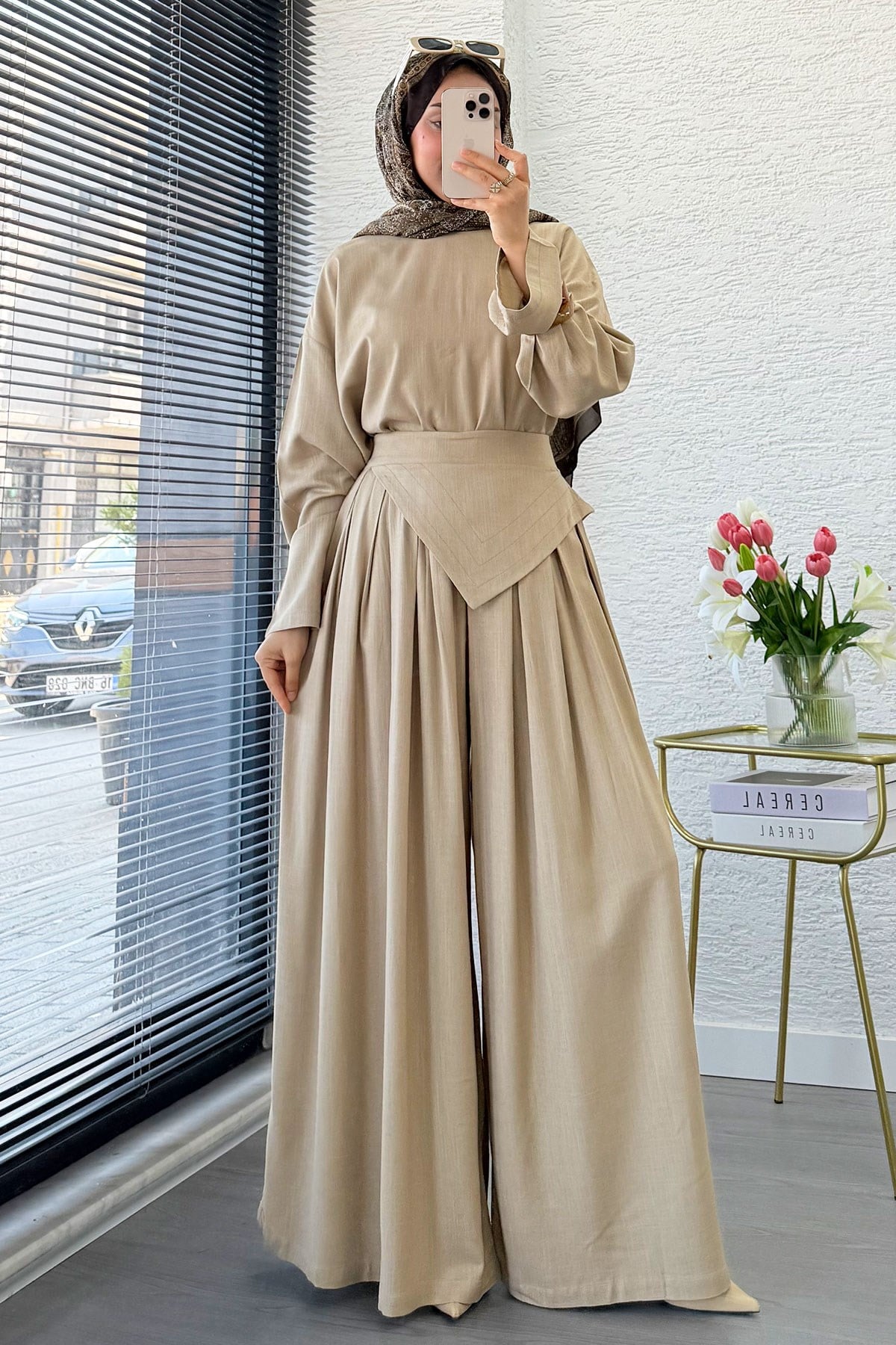Premium Saye Tasarım Kemerli Etek Pantolon Takım - Vizon