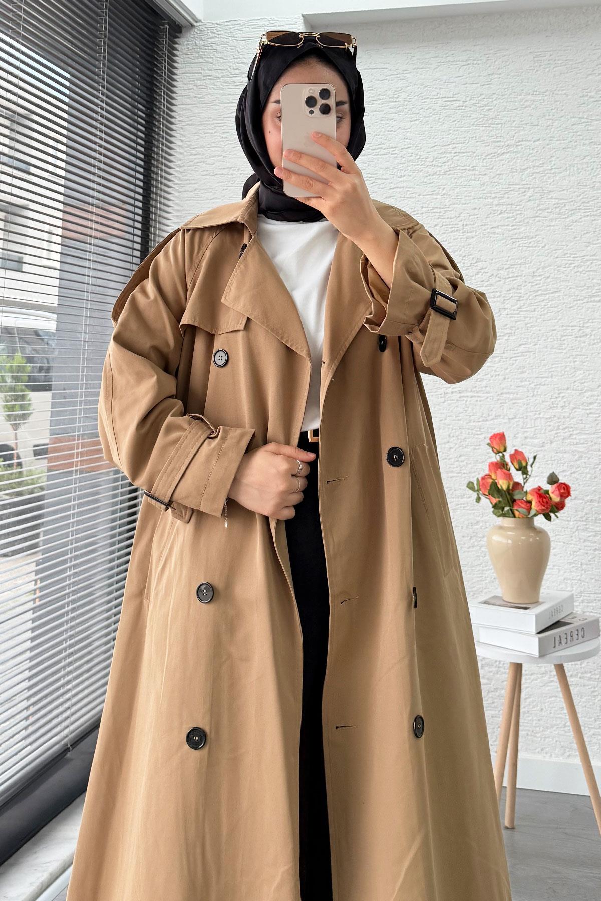 Premium Sekiz Düğmeli Oversize Kadın Trençkot - Camel