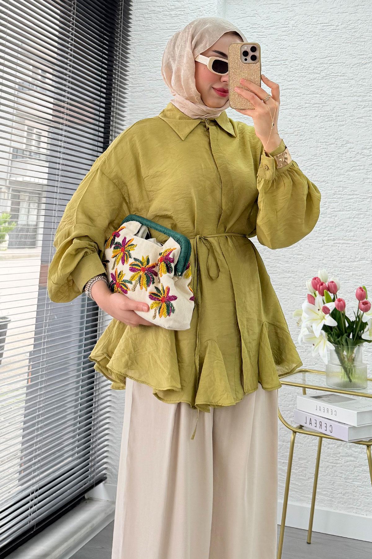 Premium Tasarım Etek Volanlı Vual Tunik - Yağ Yeşili