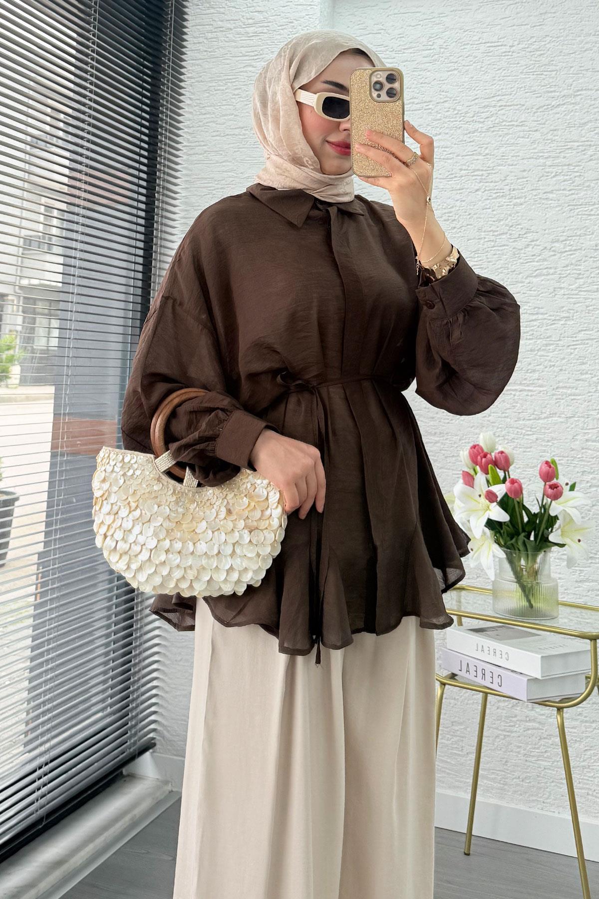 Premium Tasarım Etek Volanlı Vual Tunik - Kahverengi