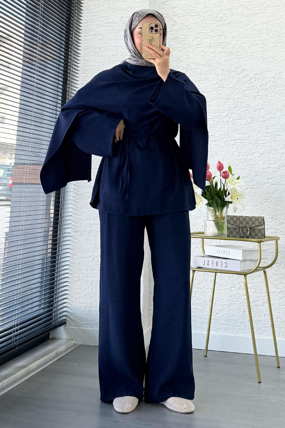 Premium Tasarım Model Atkı Detaylı Kadın İkili Takım – Lacivert