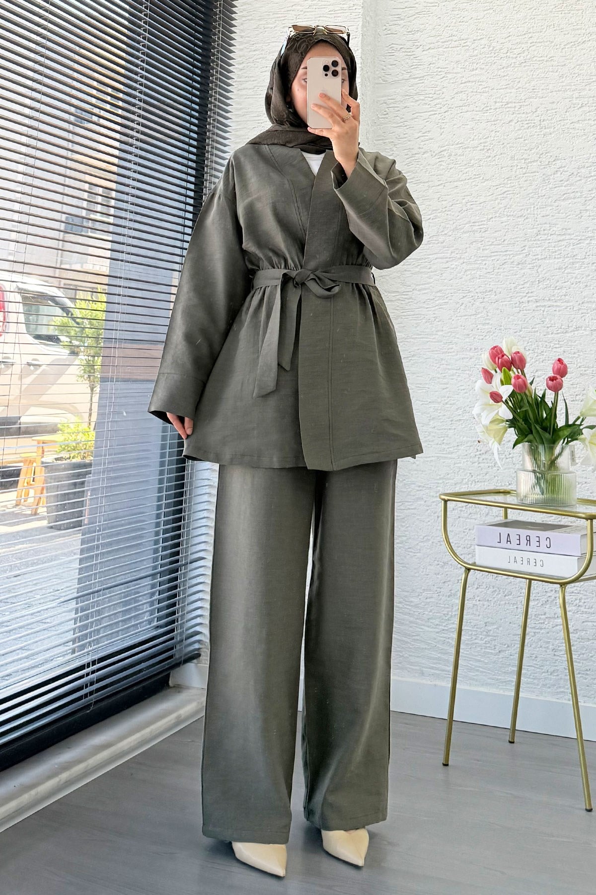 Premium Vessa Kuşak Detaylı Keten Pantolon Takım - Haki