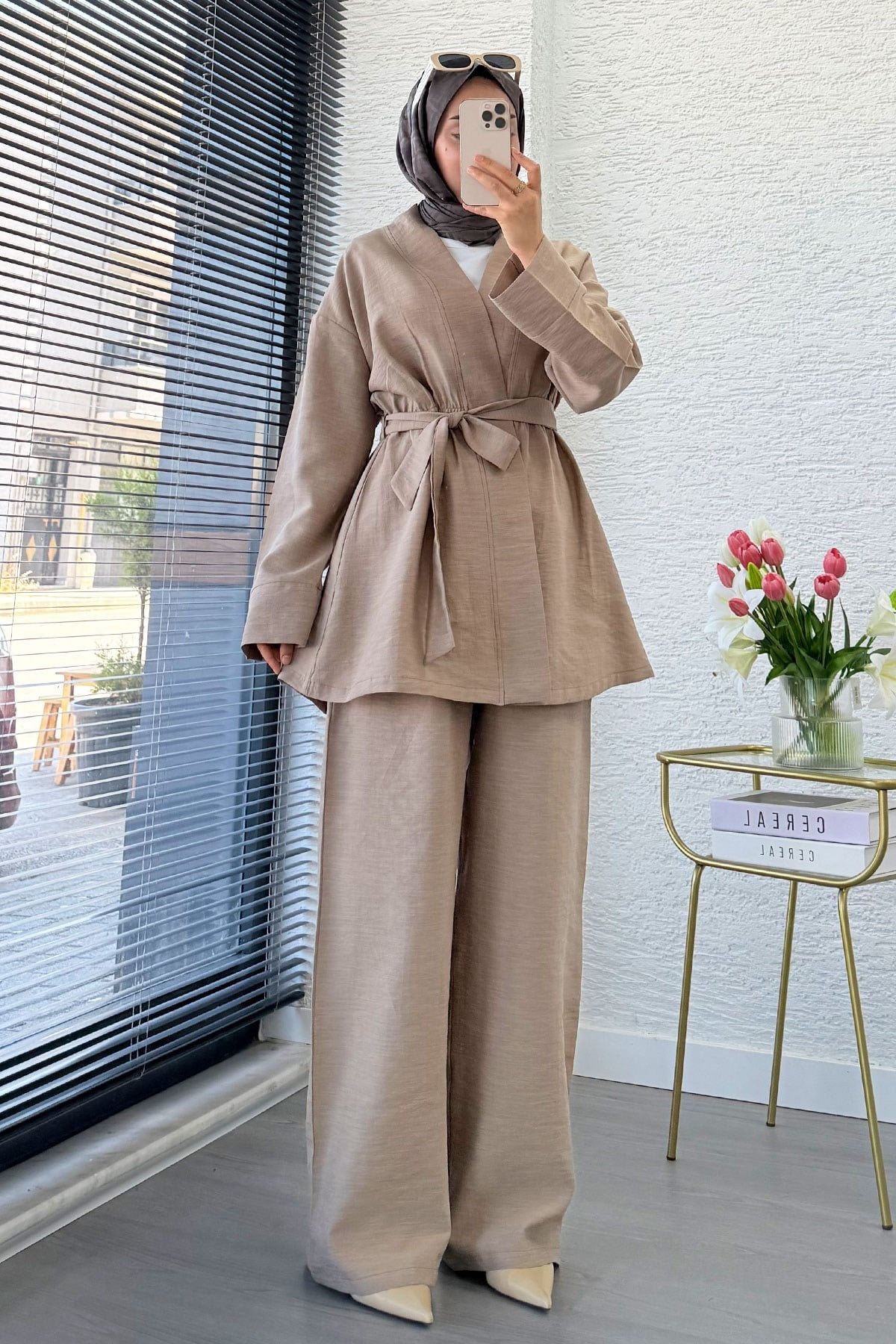 Premium Vessa Kuşak Detaylı Keten Pantolon Takım - Vizon