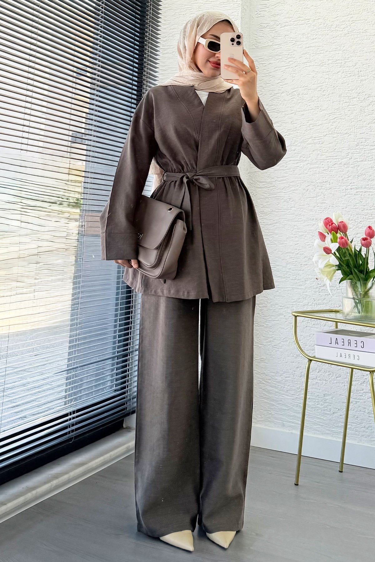 Premium Vessa Kuşak Detaylı Keten Pantolon Takım - Kahverengi
