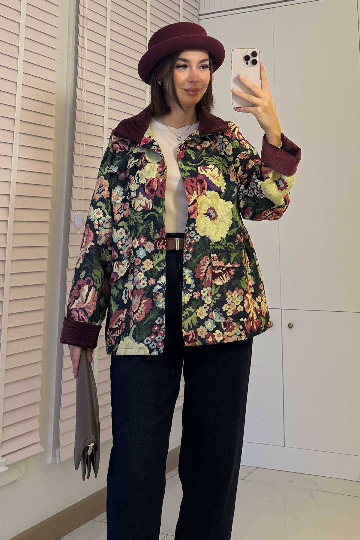 Premium Vintage Çiçek Desenli Goblen Ceket - Bordo