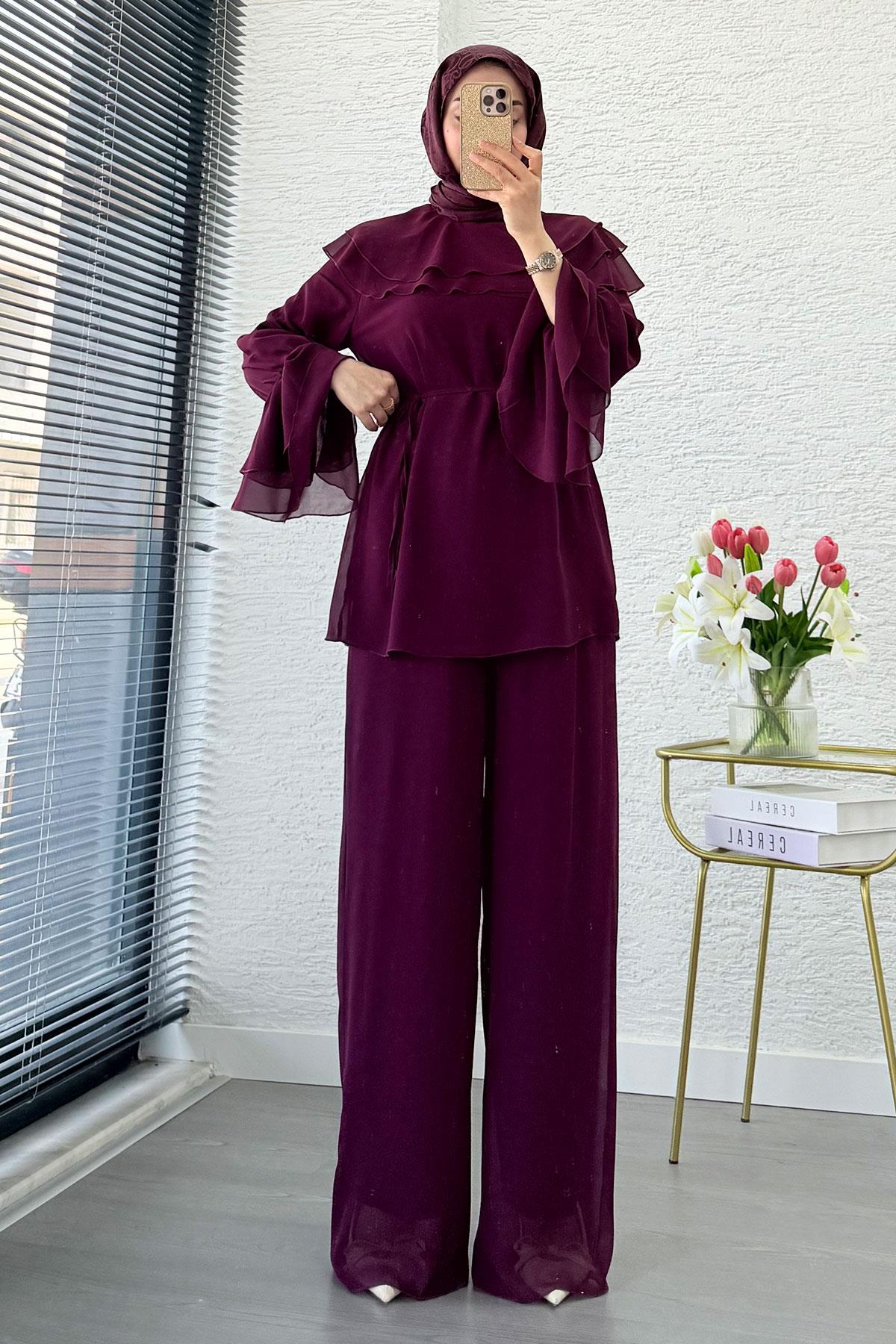 Premium Volan Katlı Şifon İkili Takım – Mürdüm