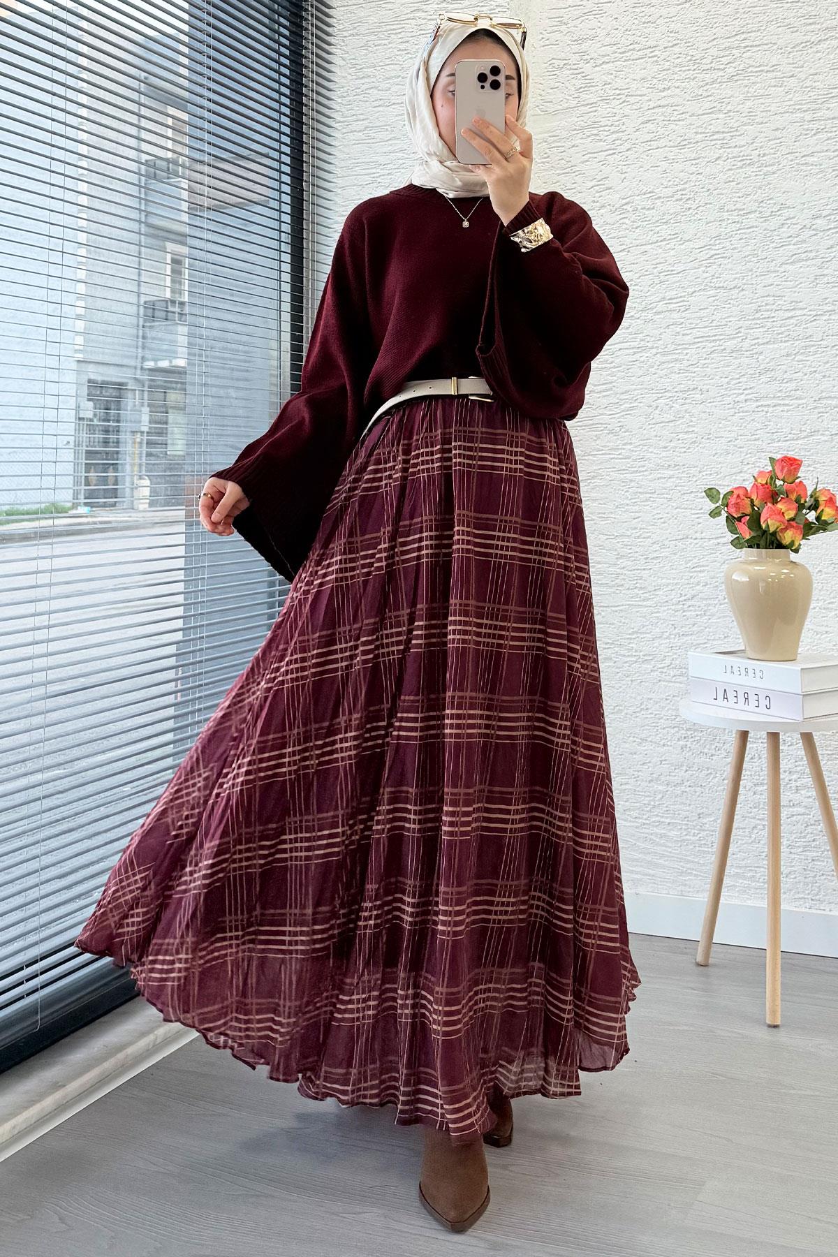 Premium Vual Ekose Desenli Lastikli Bel Kloş Etek - Bordo