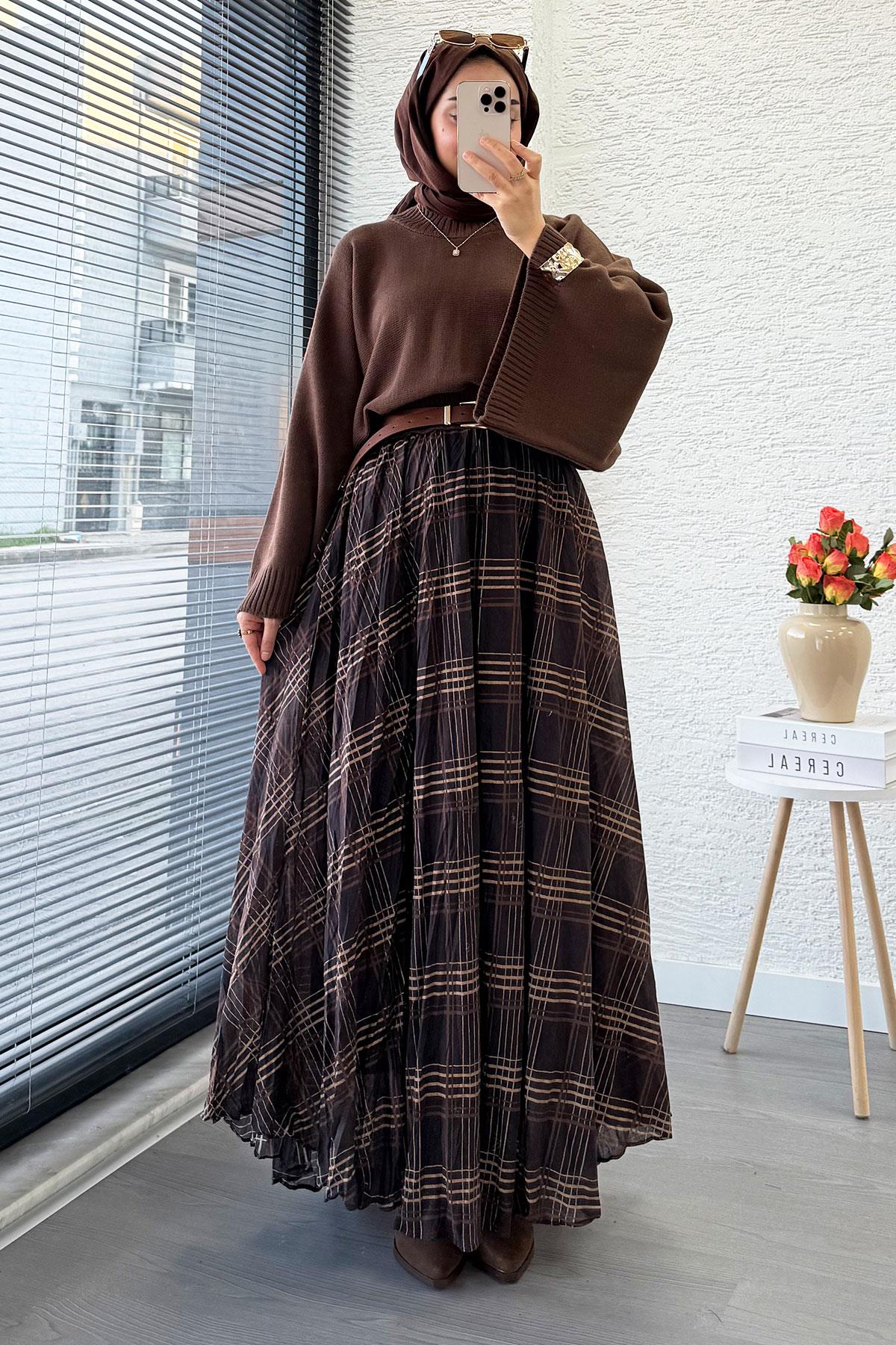 Premium Vual Ekose Desenli Lastikli Bel Kloş Etek - Kahverengi