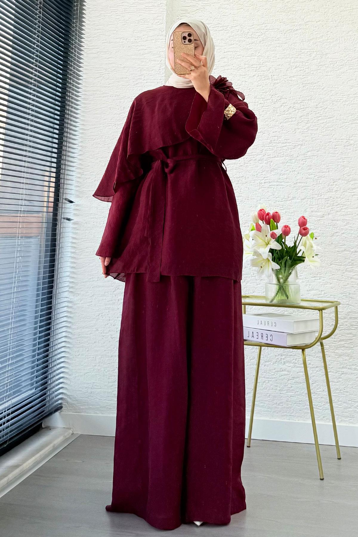 Premıum Yaka Bronş Omuz Pelerinli Vual İkili Takım - Bordo