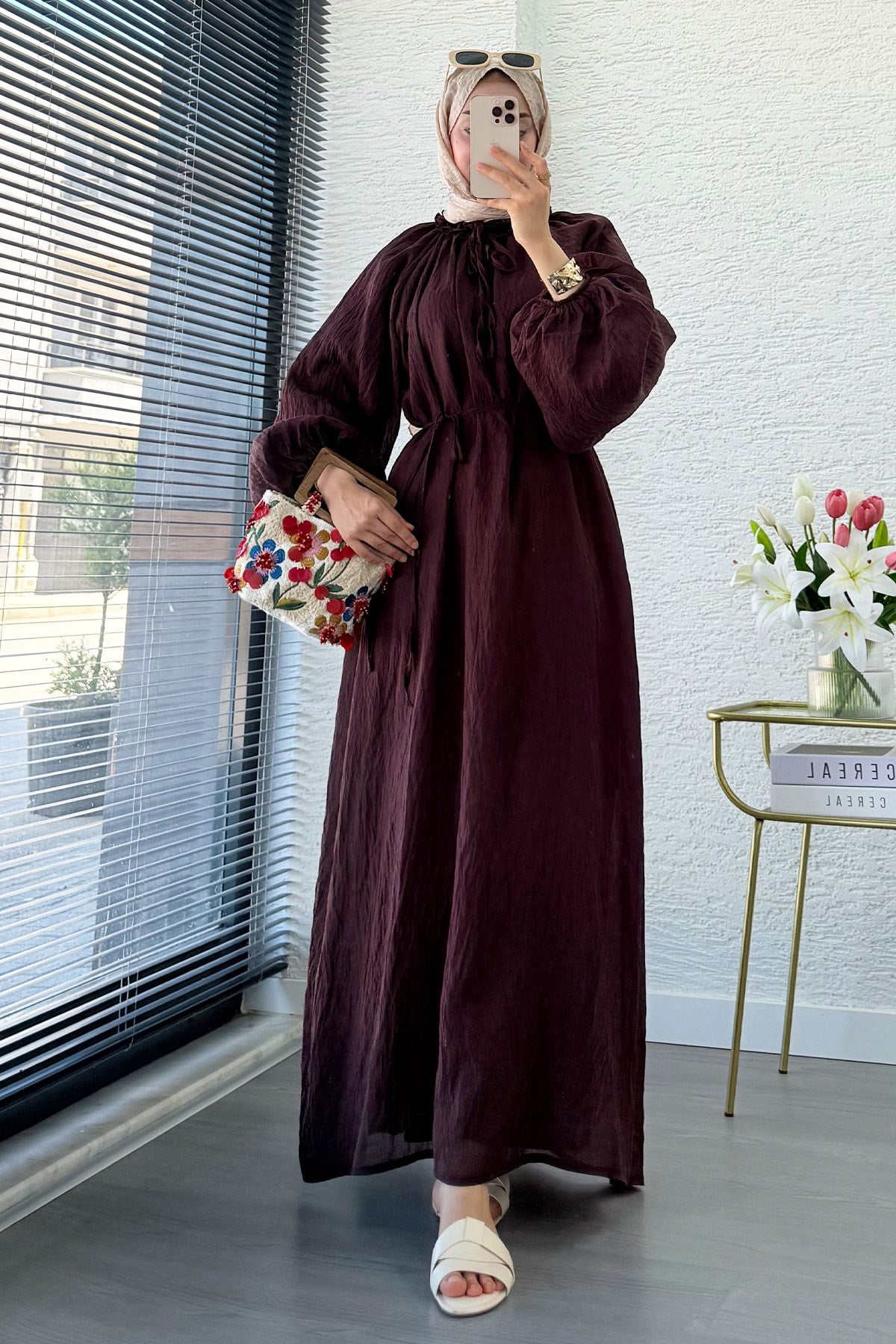 Premium Yaka Büzgülü Balon Kol Vual Elbise - Mürdüm