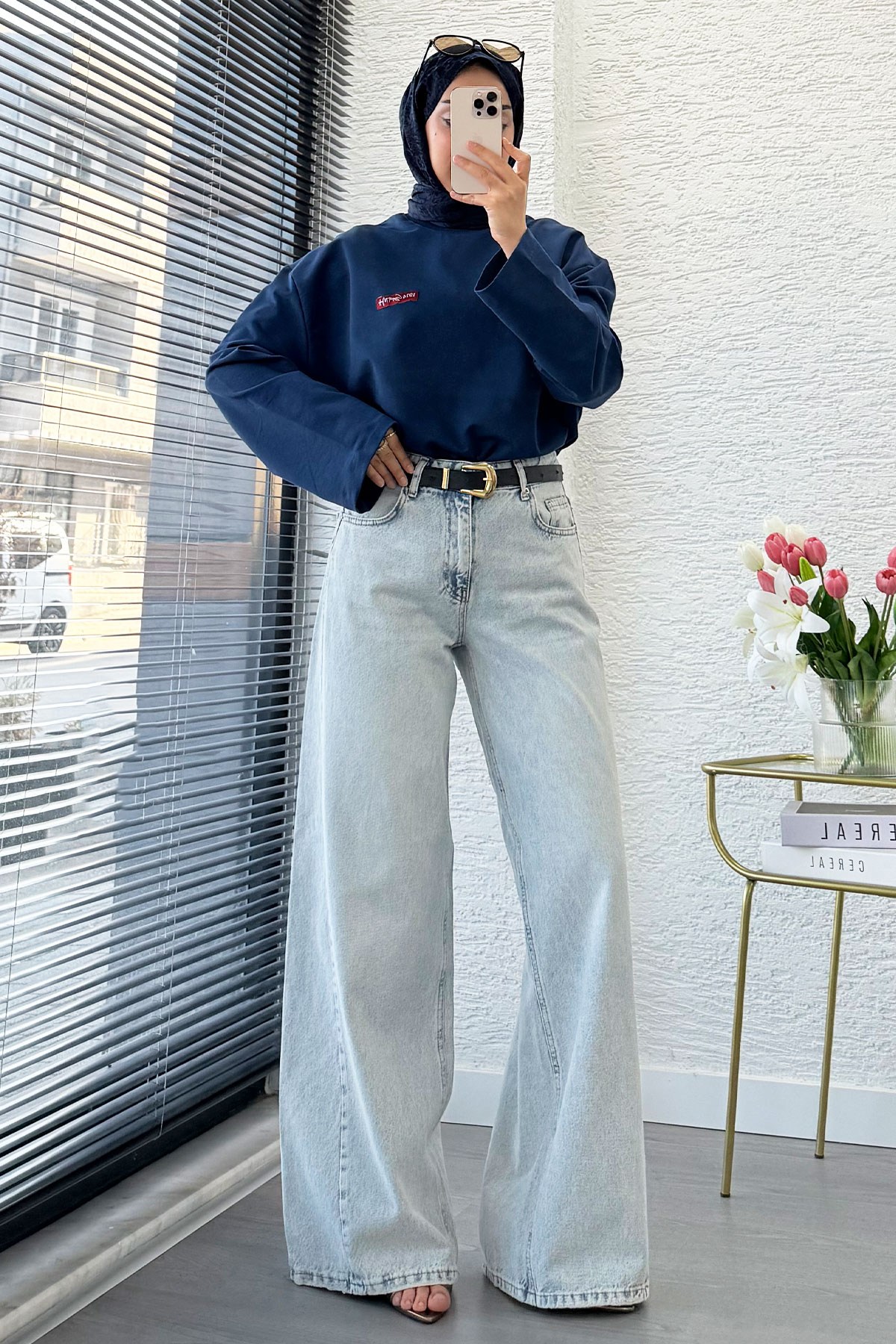 Premium Yandan Dikişli Palazzo Jean Pantolon - Açık Mavi