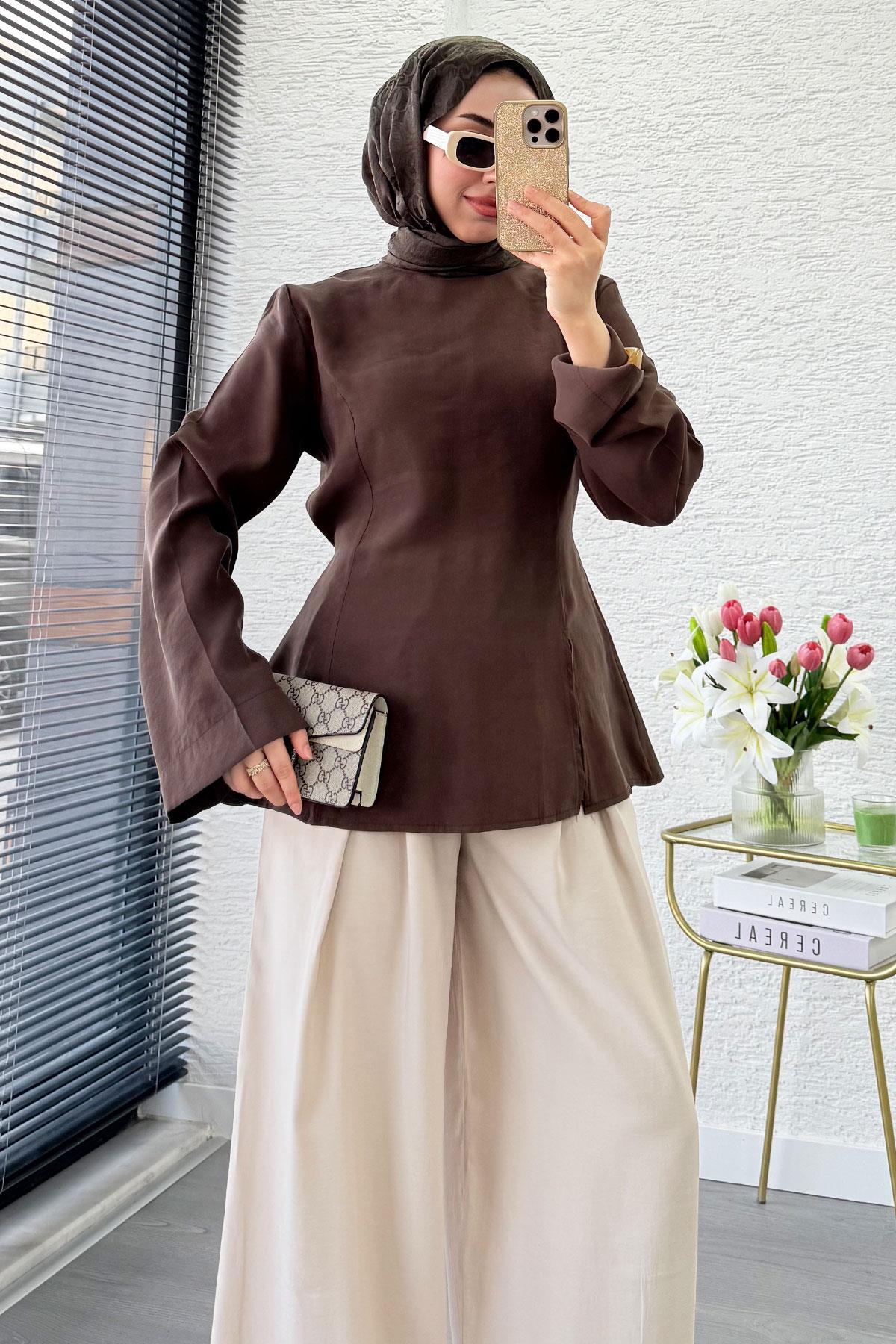Premium Yandan Yırtmaç Detaylı Tunik - Kahverengi
