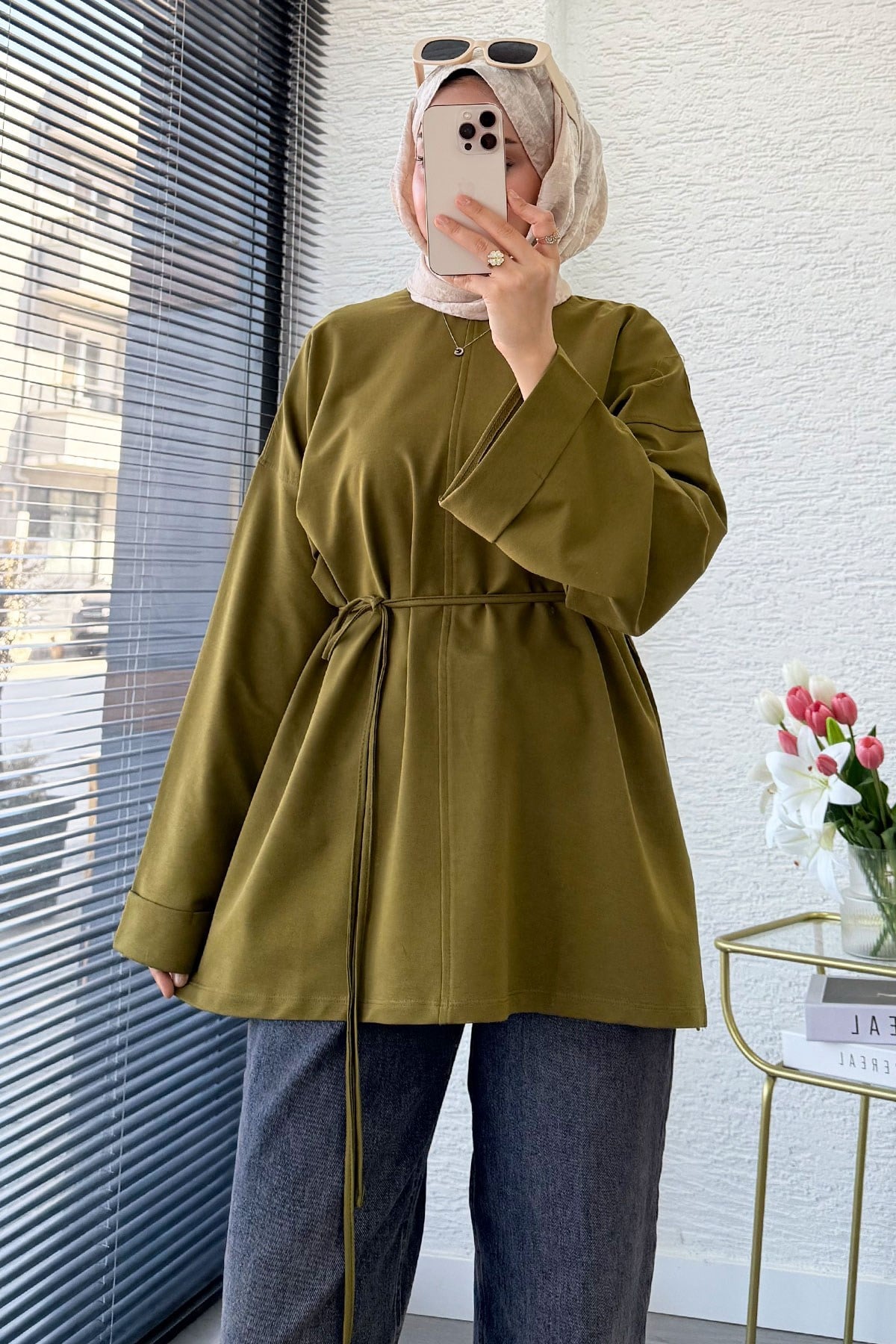 Premıum Yanları Yırtmaç Detaylı Basic Tunik - Yağ Yeşili