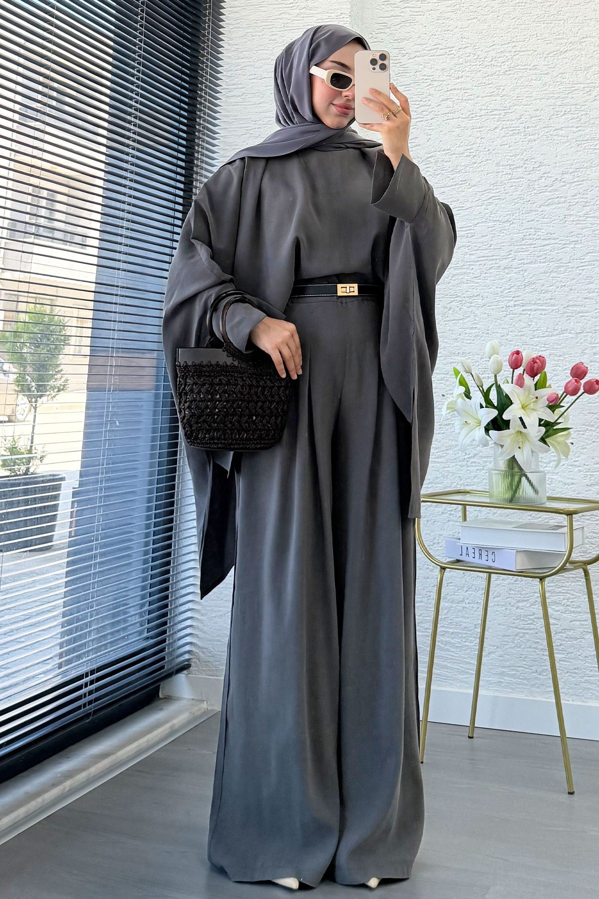 Premium Yarasa Kol Modal Pantolon Takım - Antrasit