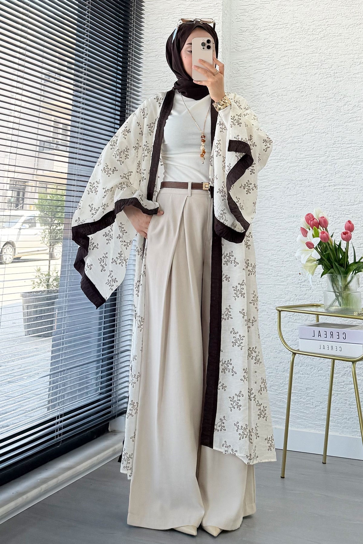 Premium Yarasa Kol Tül Modal Uzun Kimono - Bej