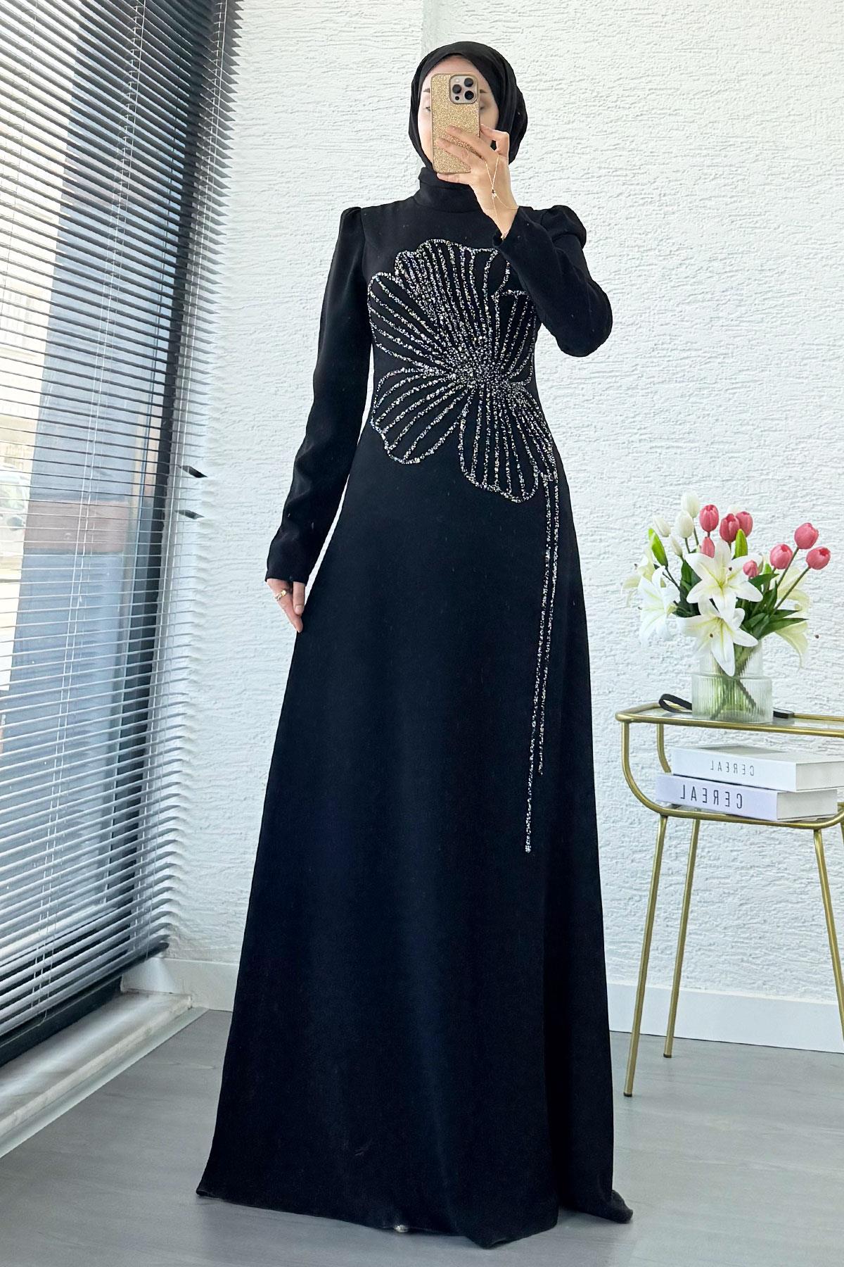 Premıum Yonca Desenli Abiye Elbise - Siyah