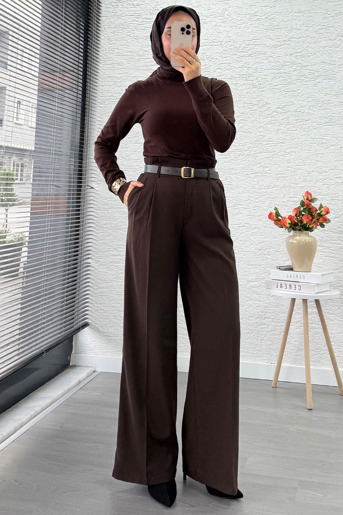 Premium Yüksek Bel Kemerli Pile Detay Palazzo Pantolon – Kahverengi