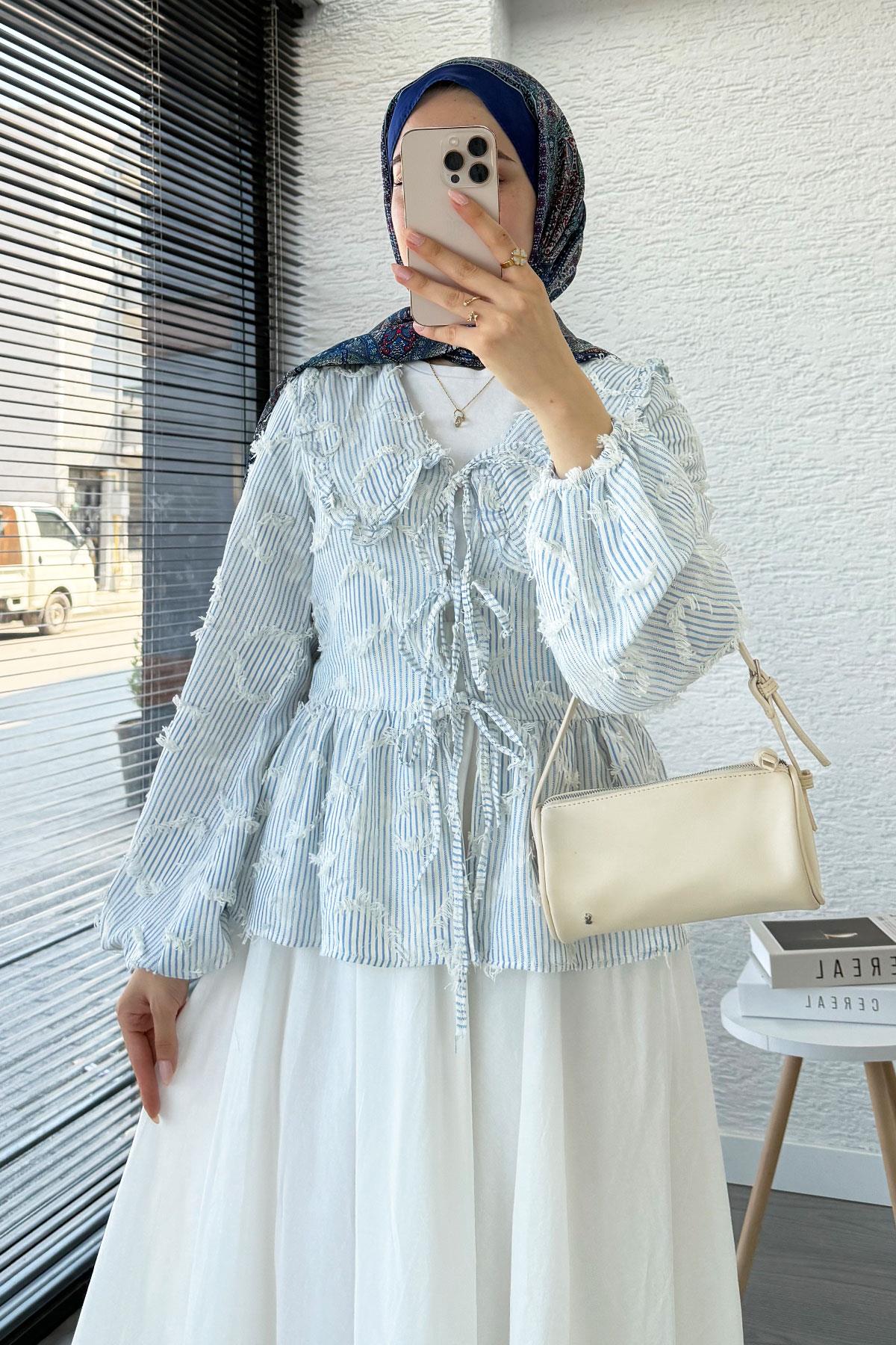 Püsküllü Çizgili Pamuk Kimono – Mavi