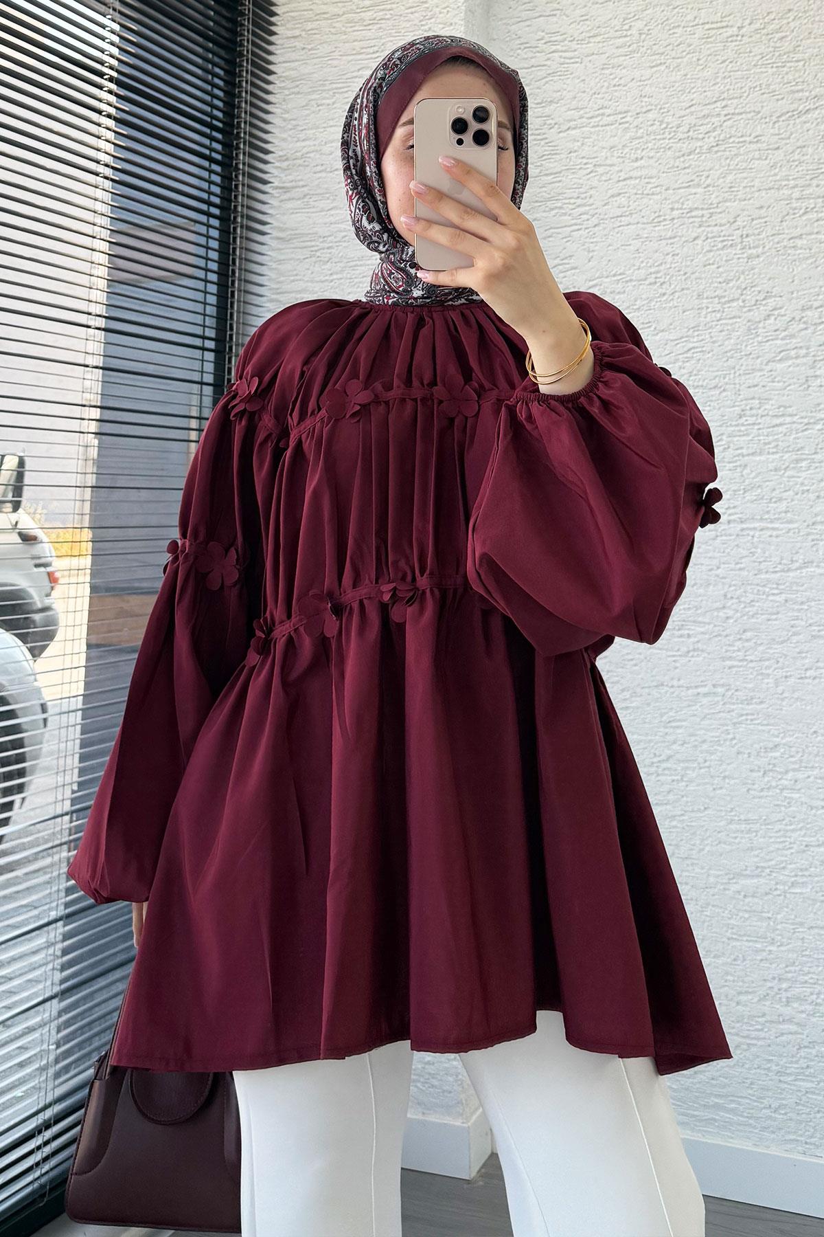 Reglan Çiçek Detaylı Poplin Tunik – Bordo