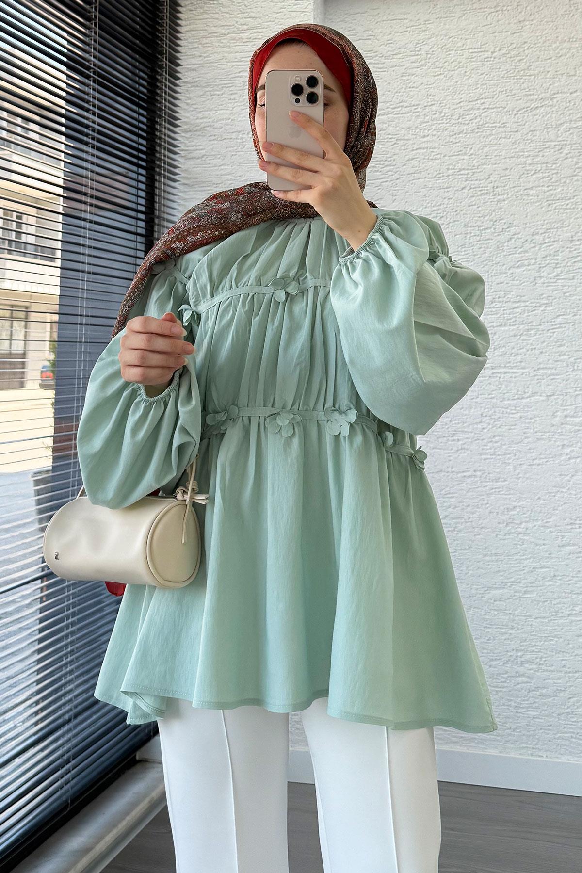 Reglan Çiçek Detaylı Poplin Tunik – Mint