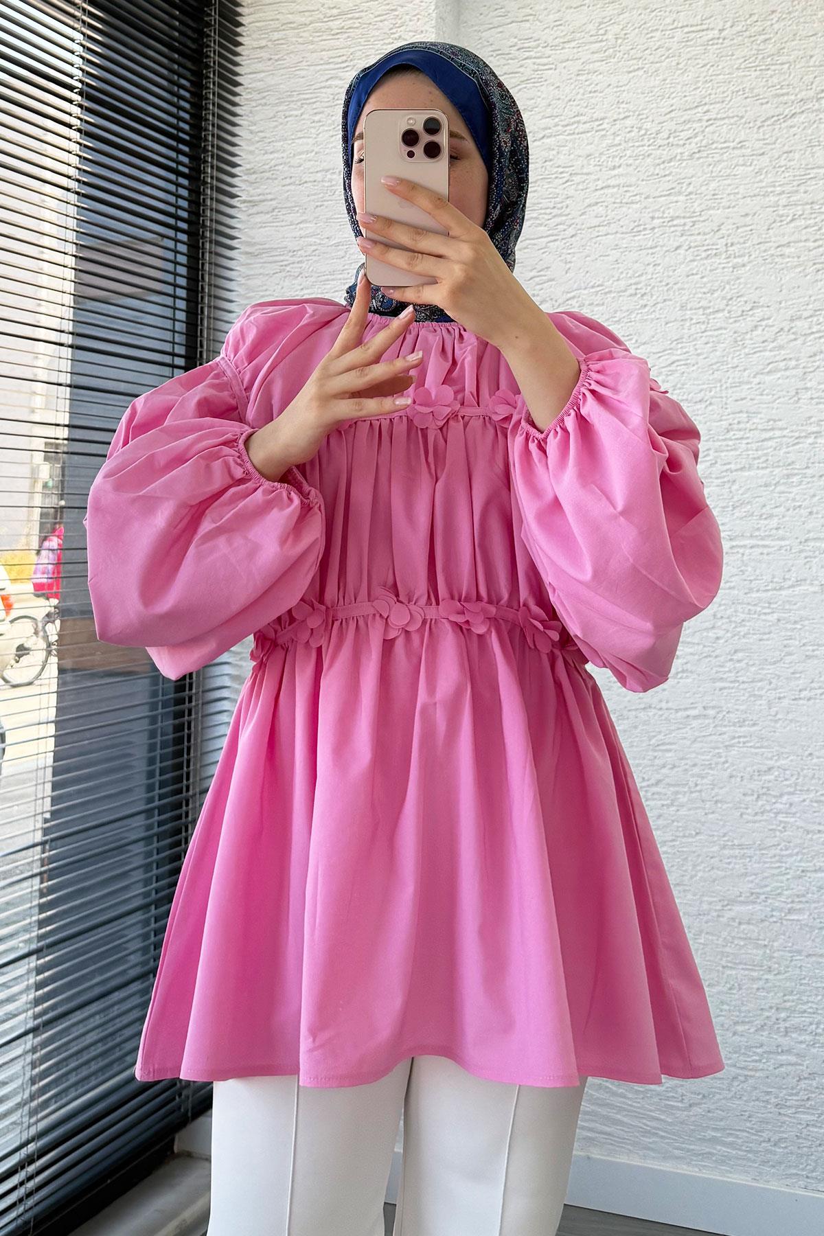 Reglan Çiçek Detaylı Poplin Tunik – Pembe
