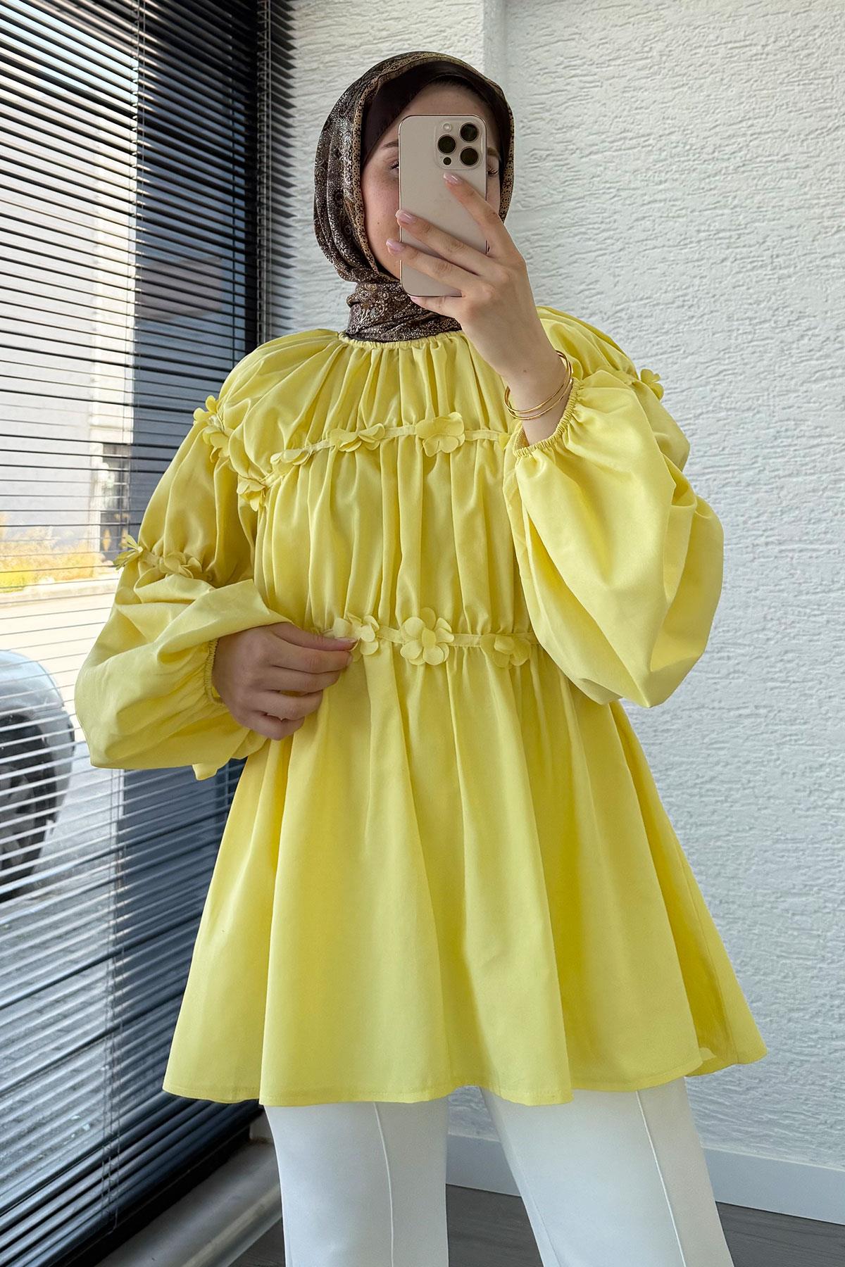 Reglan Çiçek Detaylı Poplin Tunik – Sarı