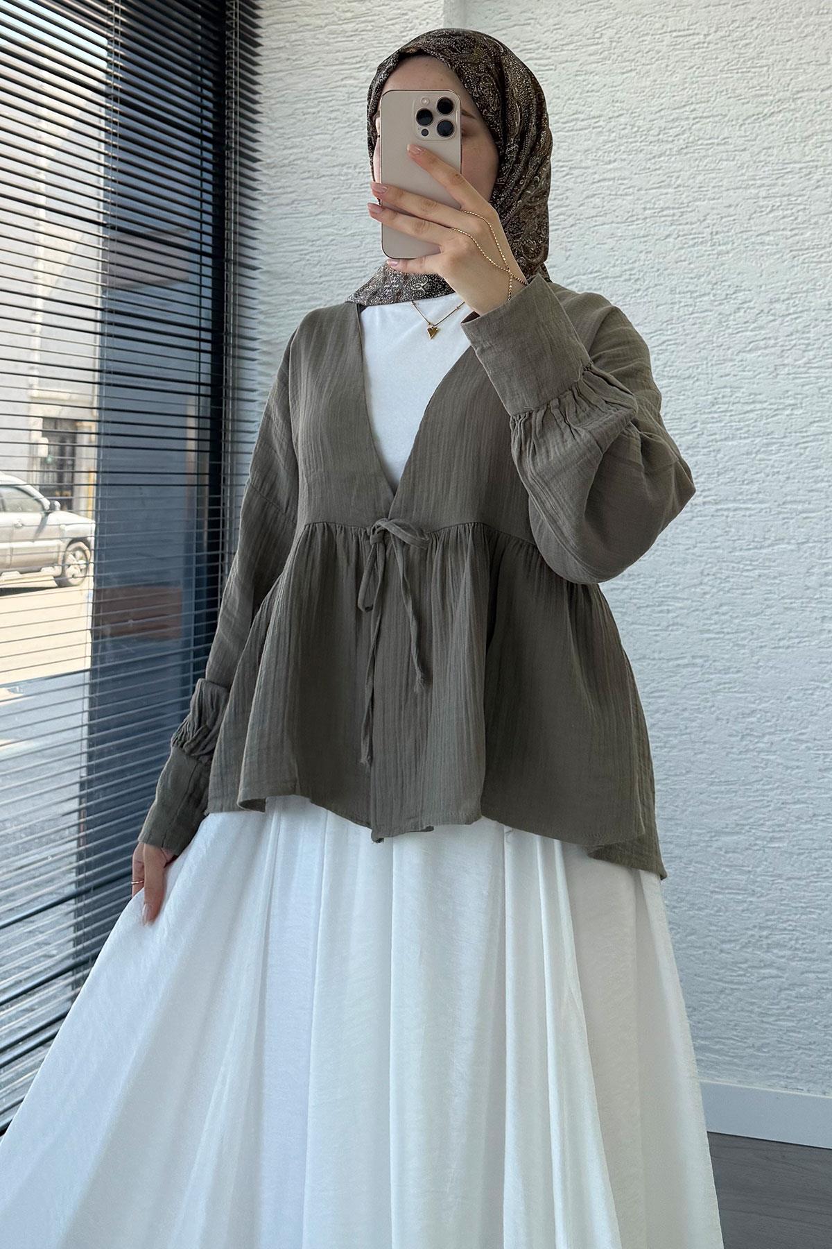 Robadan Bağlamalı Müslin Kimono – Haki