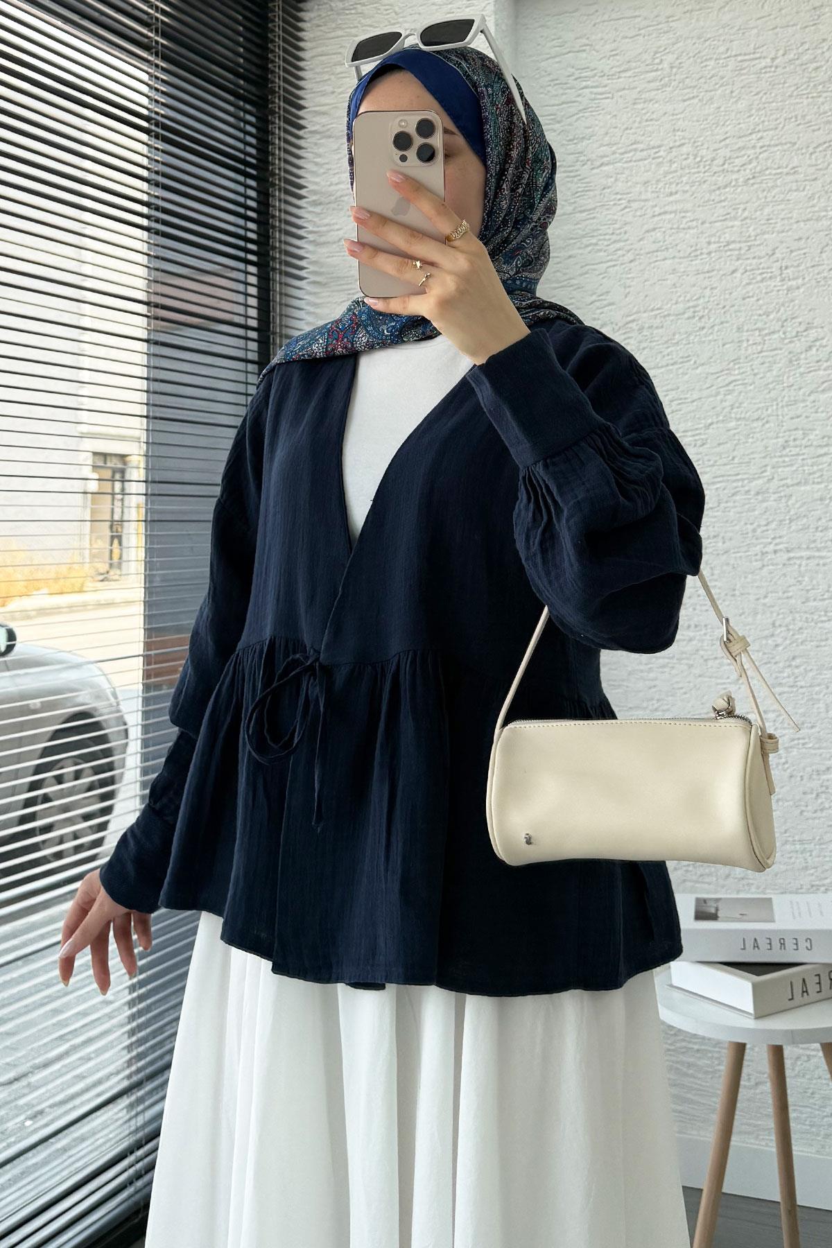 Robadan Bağlamalı Müslin Kimono – Lacivert