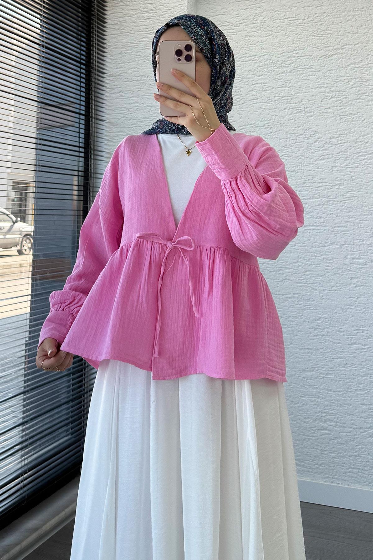 Robadan Bağlamalı Müslin Kimono – Pembe