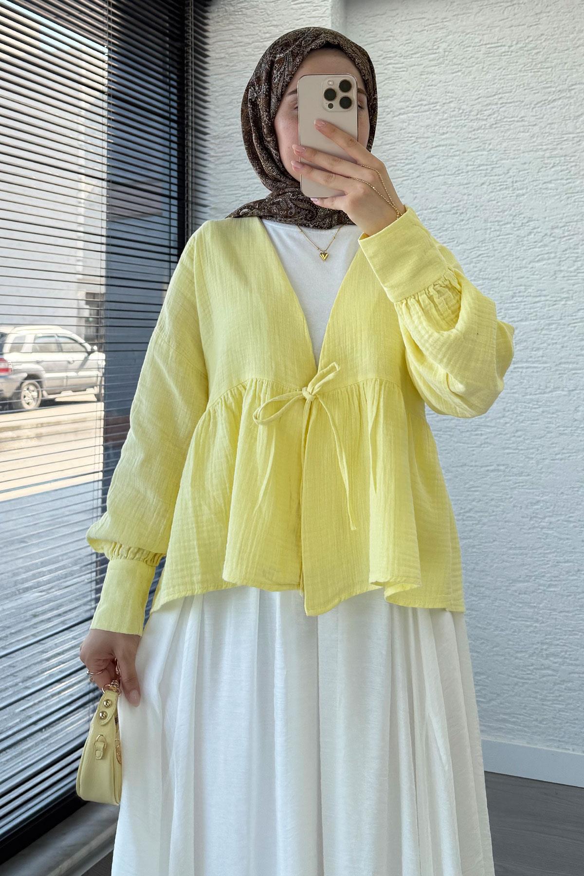 Robadan Bağlamalı Müslin Kimono – Sarı